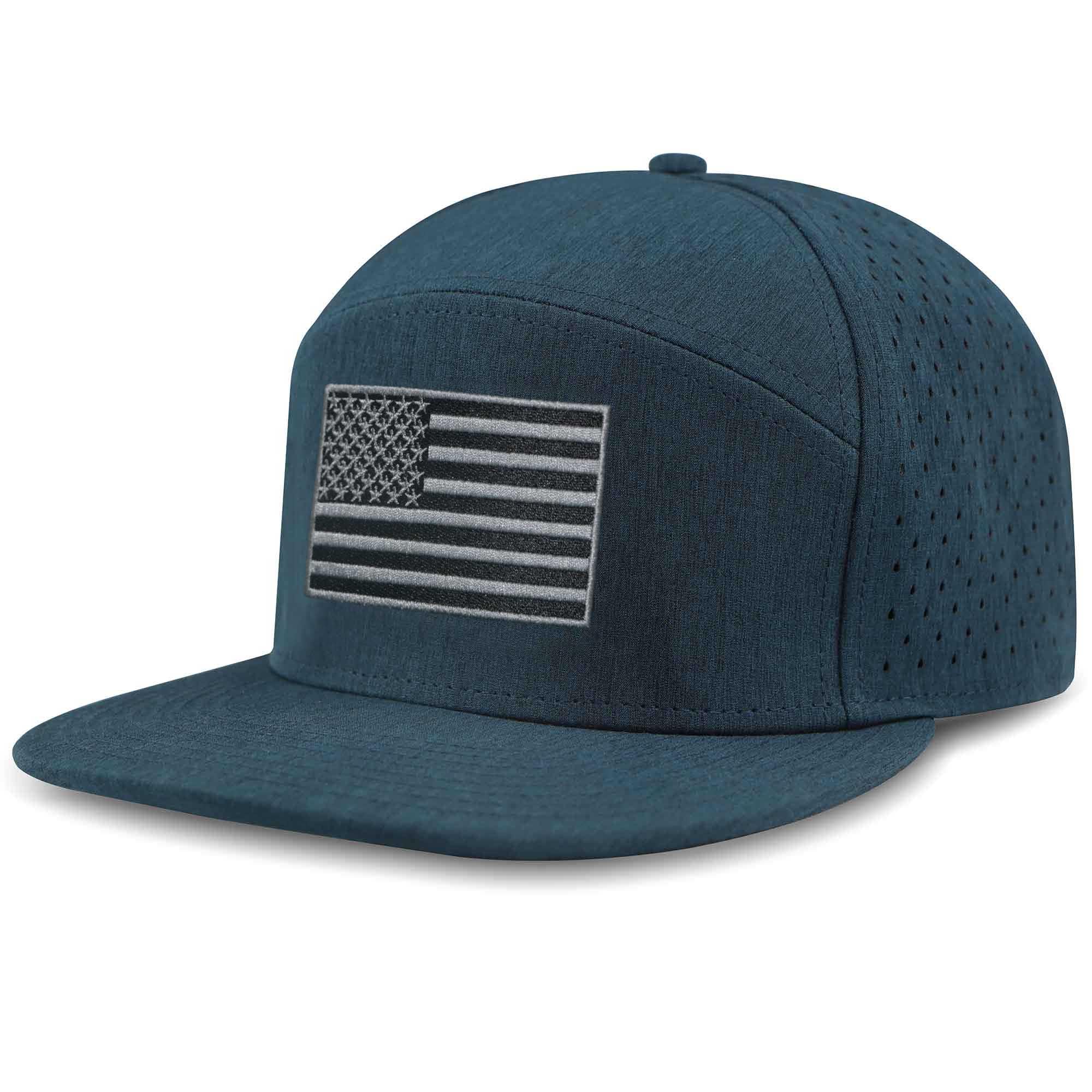 Flat Bill Baseball Cap, American Flag Hat, Water Resistant Snapback Hat, Flat Brim Golf Hat, Fishing & Outdoor Hats (US, Alpha, One Size, Heather Navy)