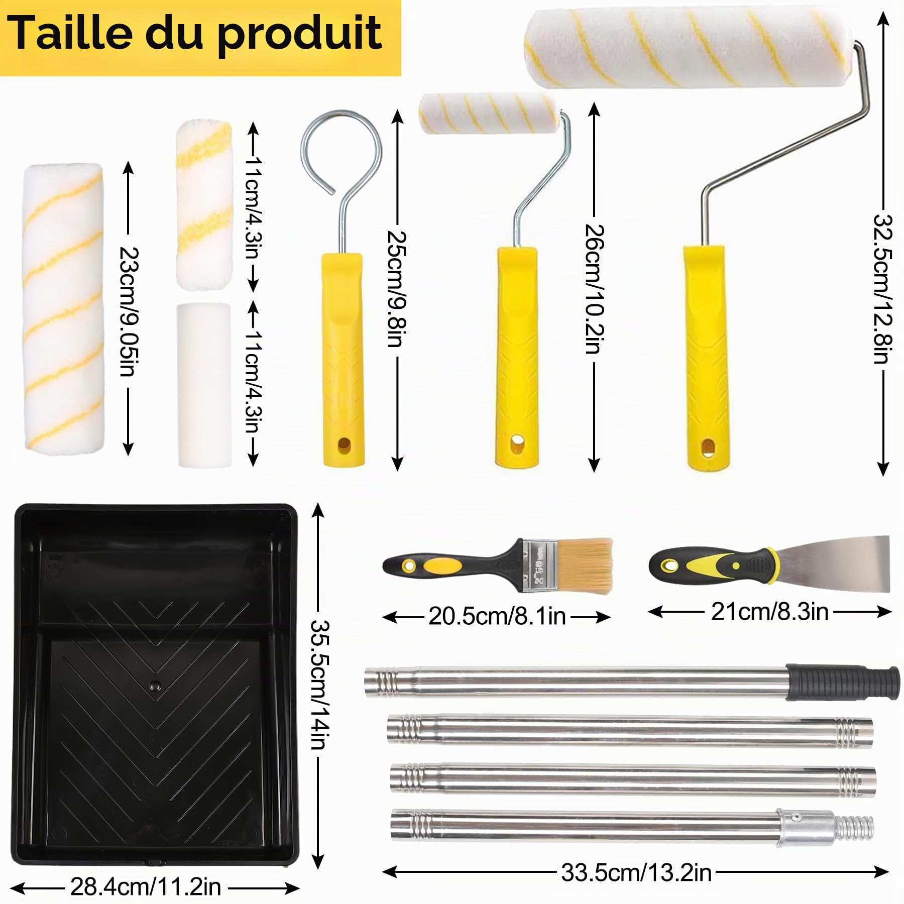 Ensemble de Rouleaux de Peinture, 20PCS Rouleaux de Peinture de 22,9 cm + 10,2 cm et Ensembles de Plateaux, Rouleaux pour Peinture avec Perche d'Extension de 1,5 m, Pinceau de Peinture, Cadres