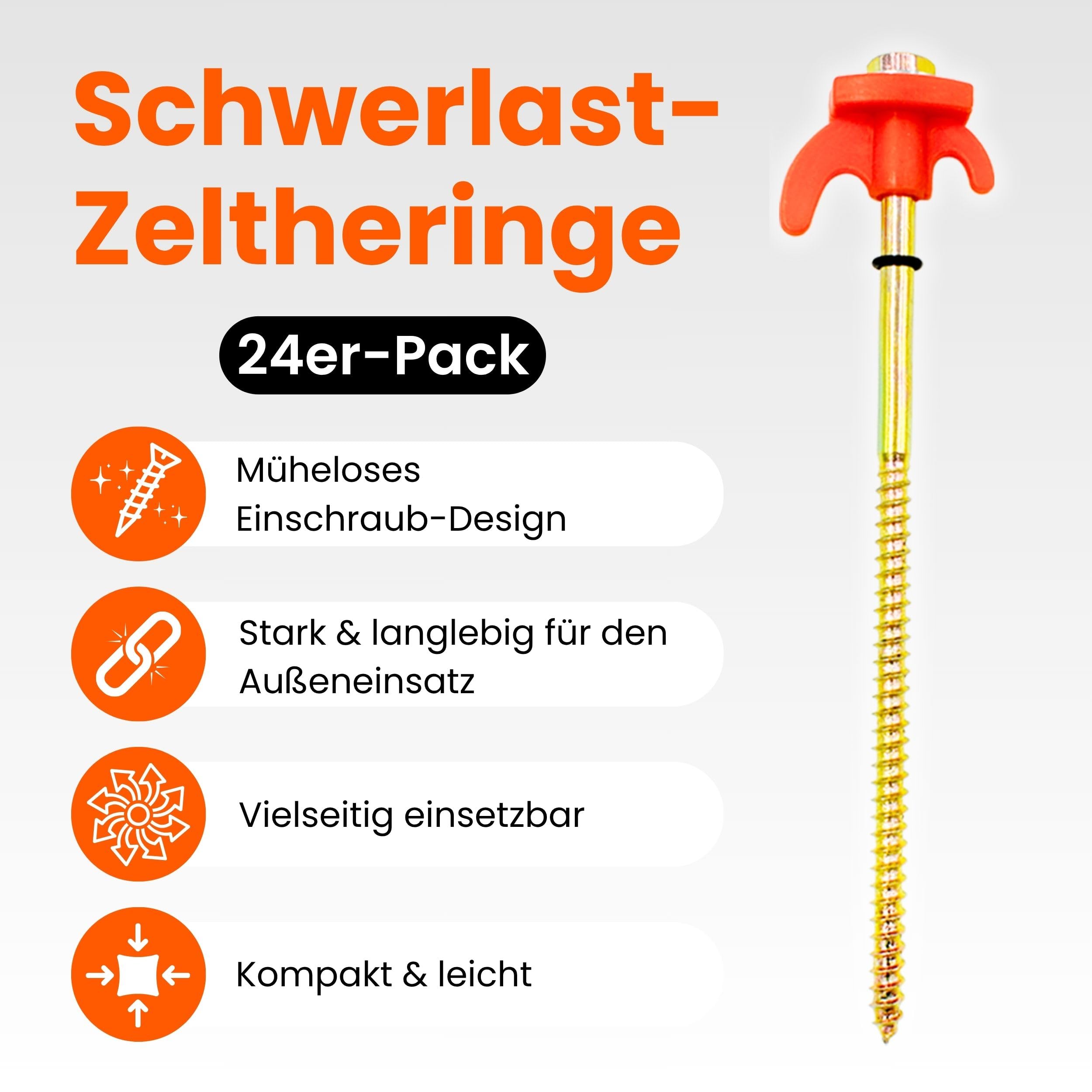 24 Stück Zeltheringe, Stahl Schraubheringe, Orangefarbene Camping Erdnägel mit Aufbewahrungsbox 20,5 cm lang Felsboden-Erdnägel für Outdoor, harten Boden und Holz