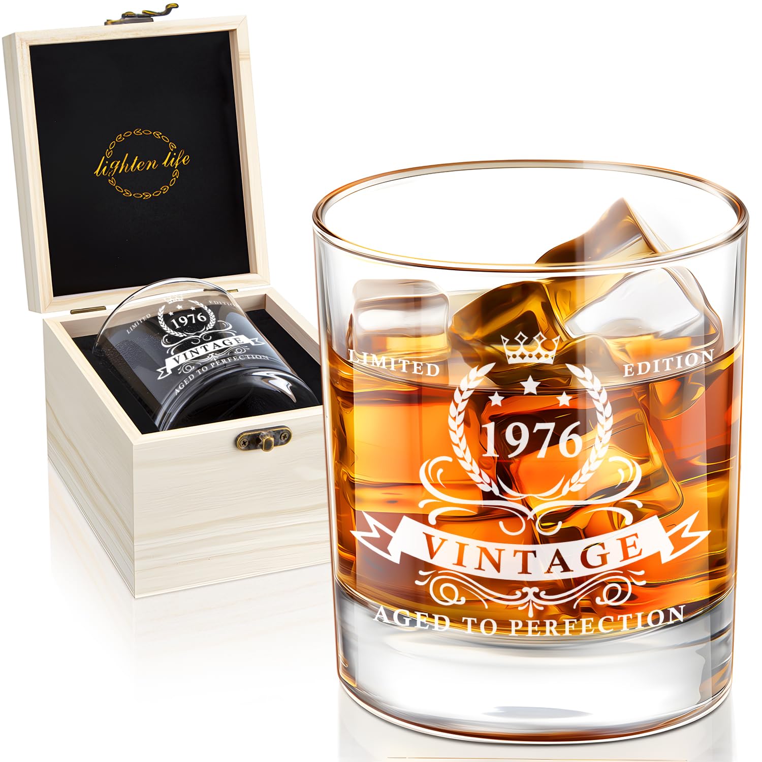 LIGHTEN LIFE Geschenke zum 50. Geburtstag für Männer,1976 Whiskyglas in wertvoller Holzbox,Bourbonglas zum 50. Geburtstag für 50-jährigen Vater, Ehemann,Freund,Geschenkideen zum 50. Geburtstag