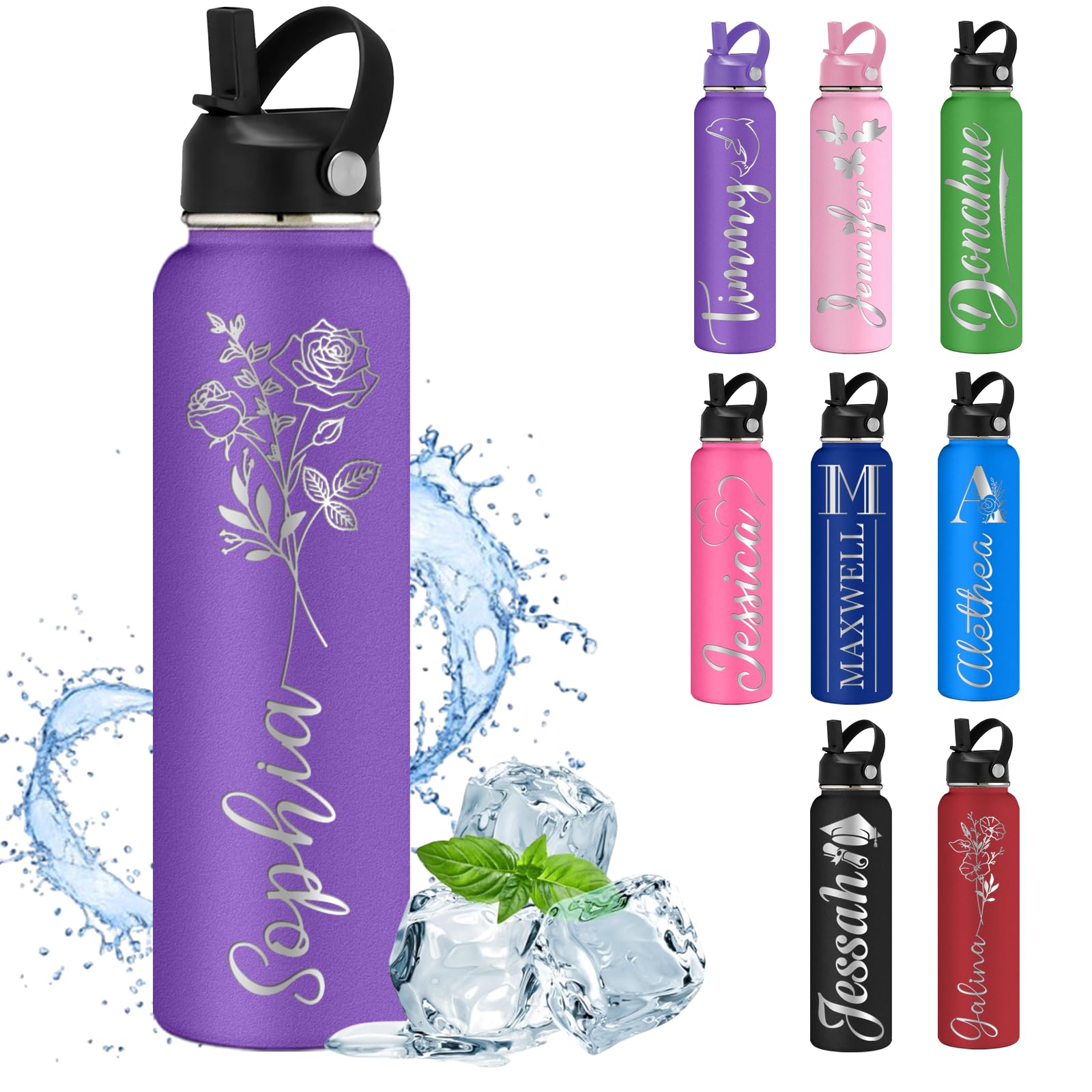 MiNaSii Custom Water Bottle Personalised Water Bottles with Straw Lid Name Engraved Insulated Stainless Steel Bottles for School Customised Double Wall 12 18 24 32 40 oz