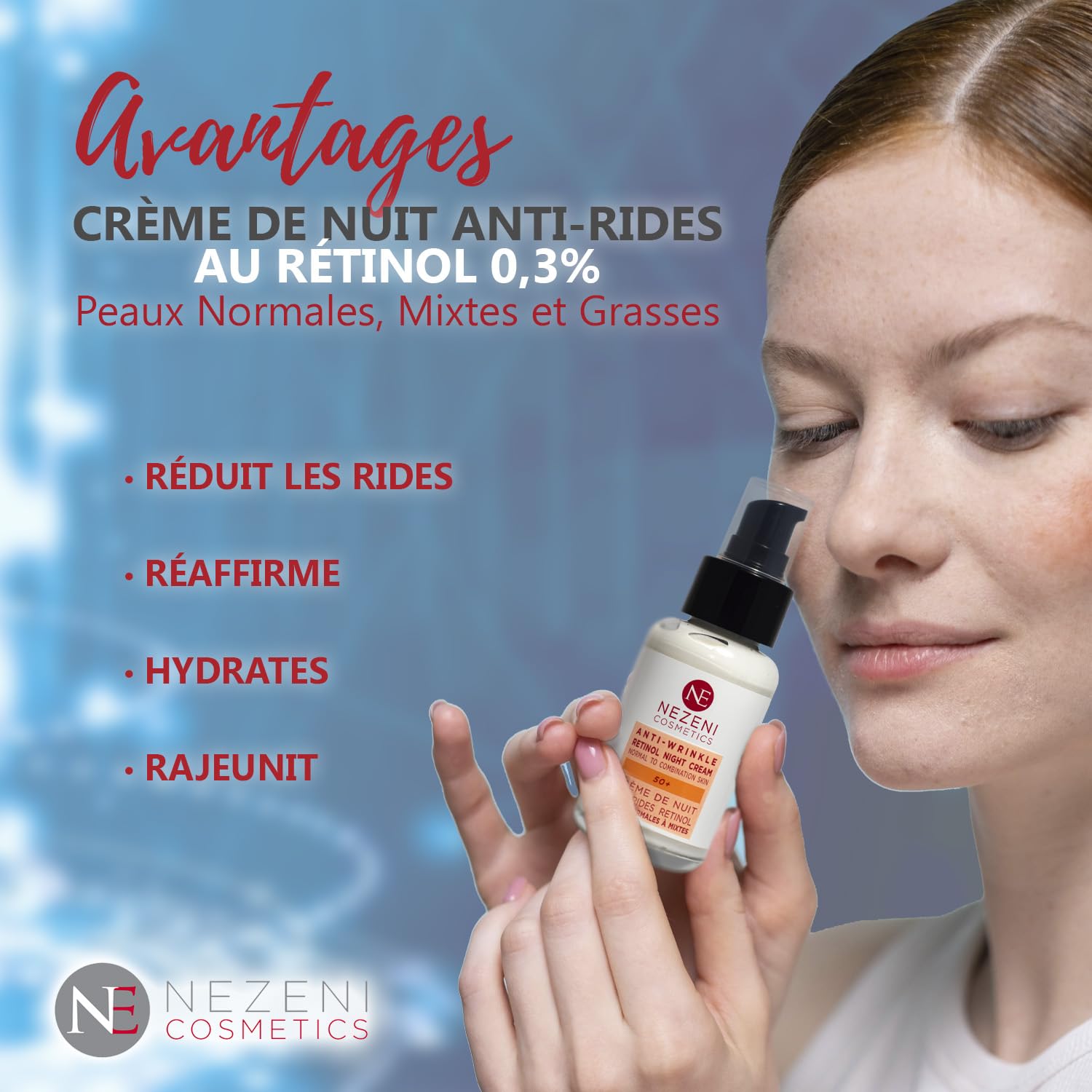 Nezeni Crema Noche 0.3% RETINOL PURO Antiarrugas Mujer/Hombre 27 Activos | Rellenador Arrugas Profundas Con Ácido Hialurónico | Crema Reafirmante Cara, Cuello y Escote | Piel Normal, Grasa y Mixta