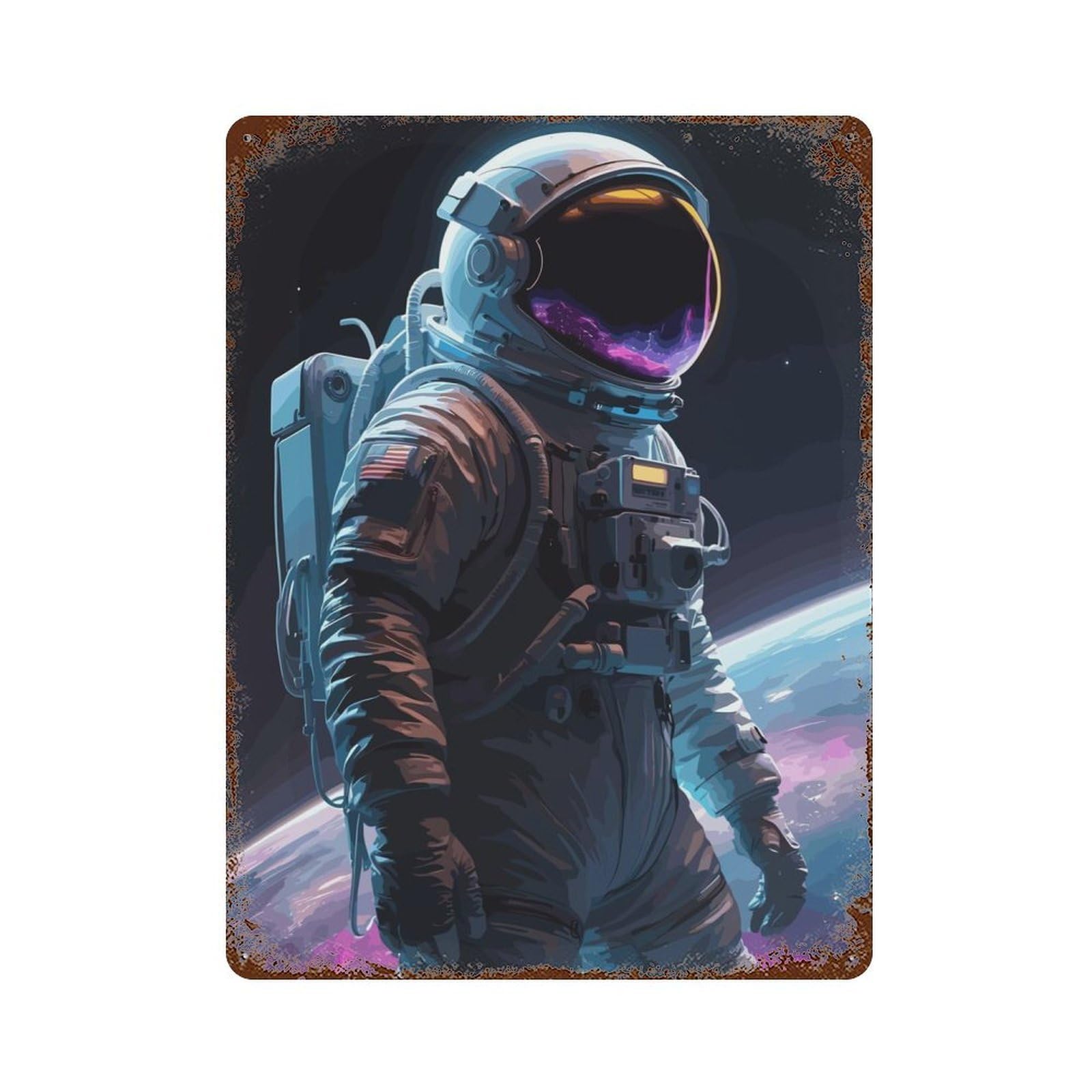 Aged Metal Wall Plaque with Astronaut Space Neon Design 15.7"x11.8", for Basement, Hobby Room And Garage Decor, Farmhouse Wall Decor
