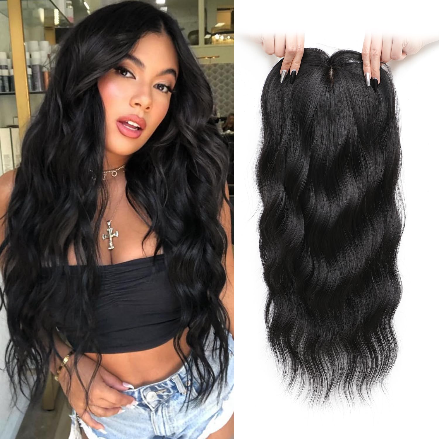 Hair Toppers for Women 20-Inch Wavy Ombre Highlight Synthetic Wig With Fringe Bang - Clip In Hair Pieces for Thinning Hair to Add Volume