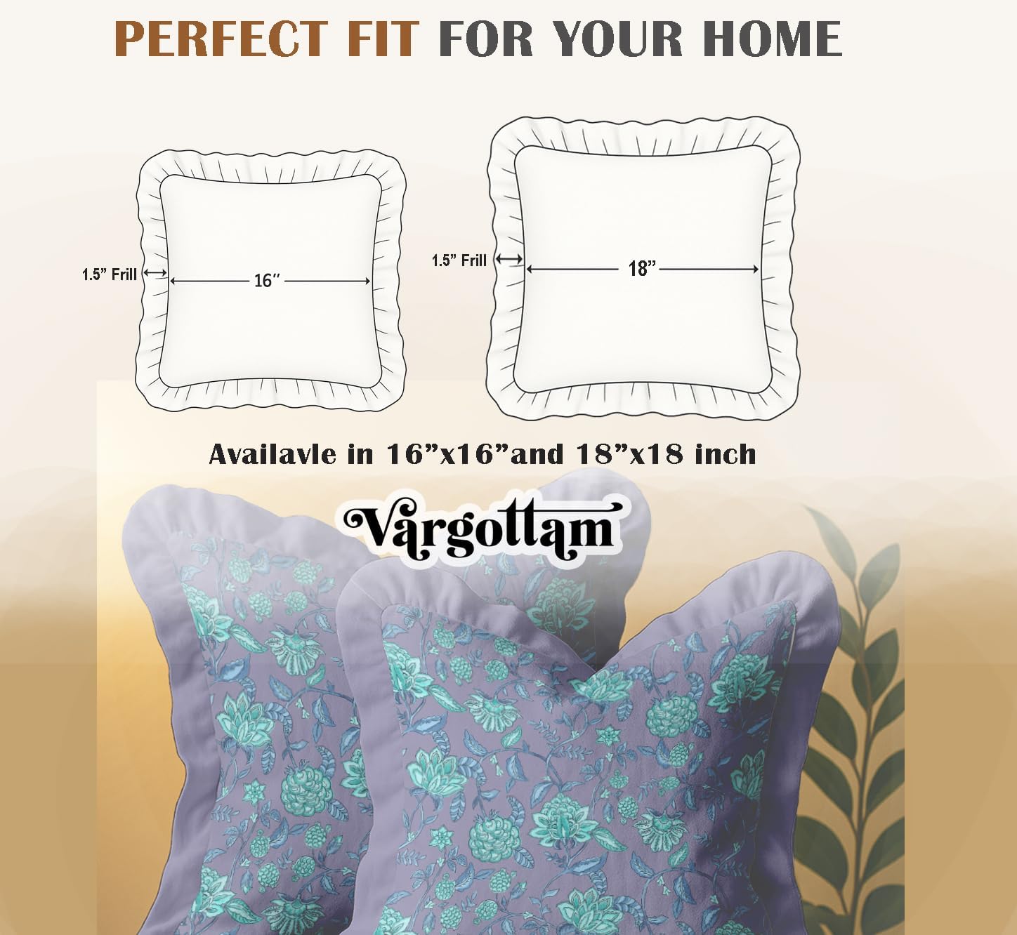 Farmhouse Style Frill Pillow Covers 16x16 Cotton Cushion Covers Set of 2, Floral Pattern, Double Side Printed, Zipper Closure