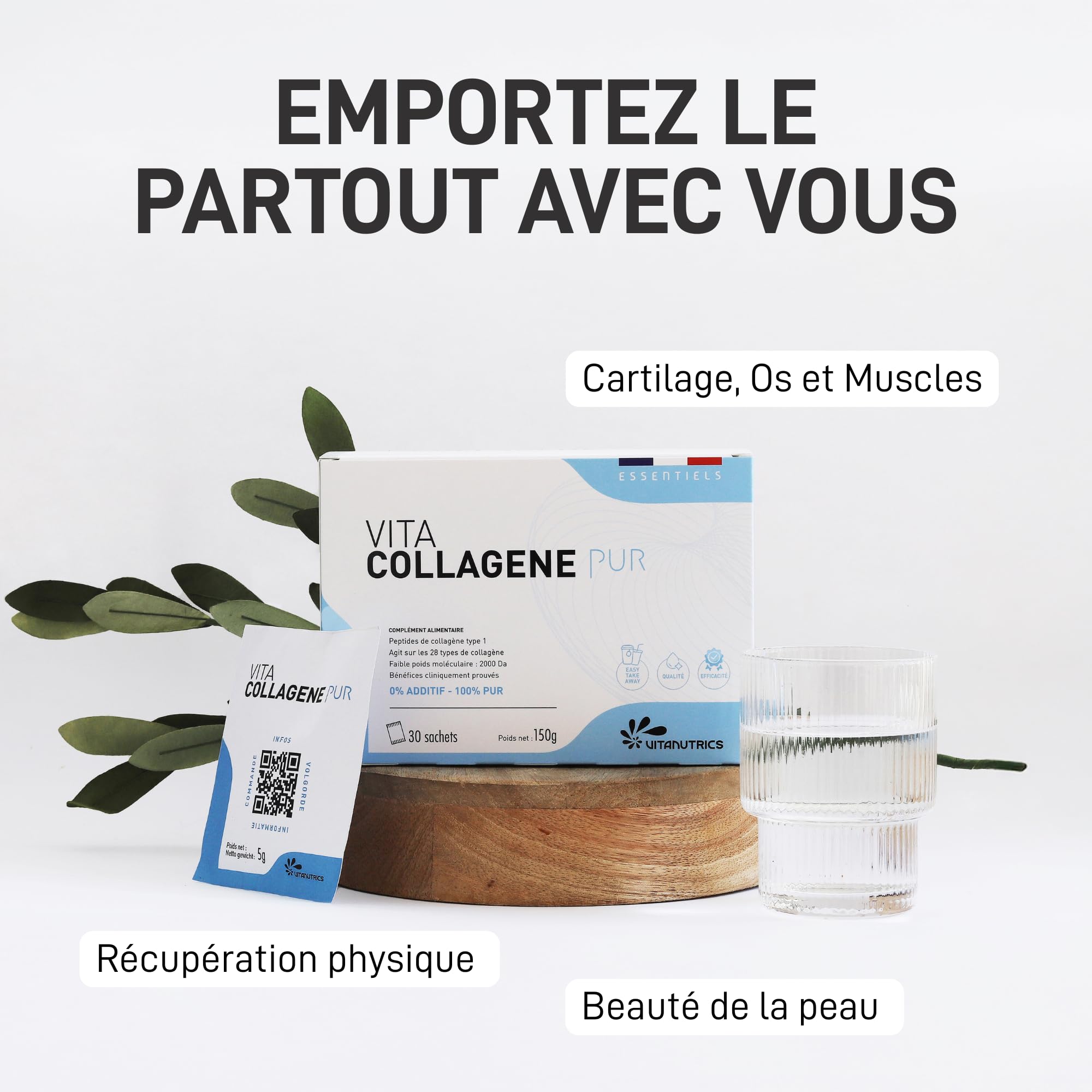 Vitanutrics - VITACOLLAGENE Pur - Confort Articulaire, Renfort musculaire, Beauté, Résistance de la Peau - Faible Poids Moléculaire - Absorption Optimale - Fabriqué en France - 30 Sachets