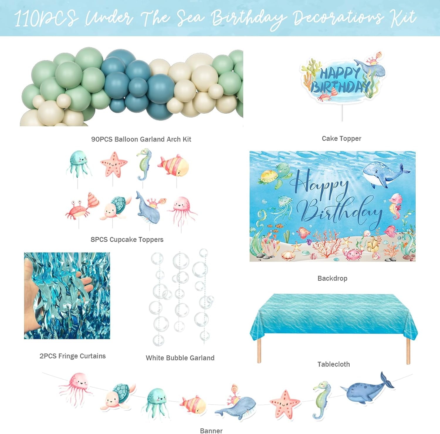 Under The Sea Party Decorations, Ocean Birthday Decorations, Sea Animals Themed Birthday Party Supplies Backdrop Blue Fringe Curtain Balloon Garland Banner Tablecloth Cake Cupcake Topper