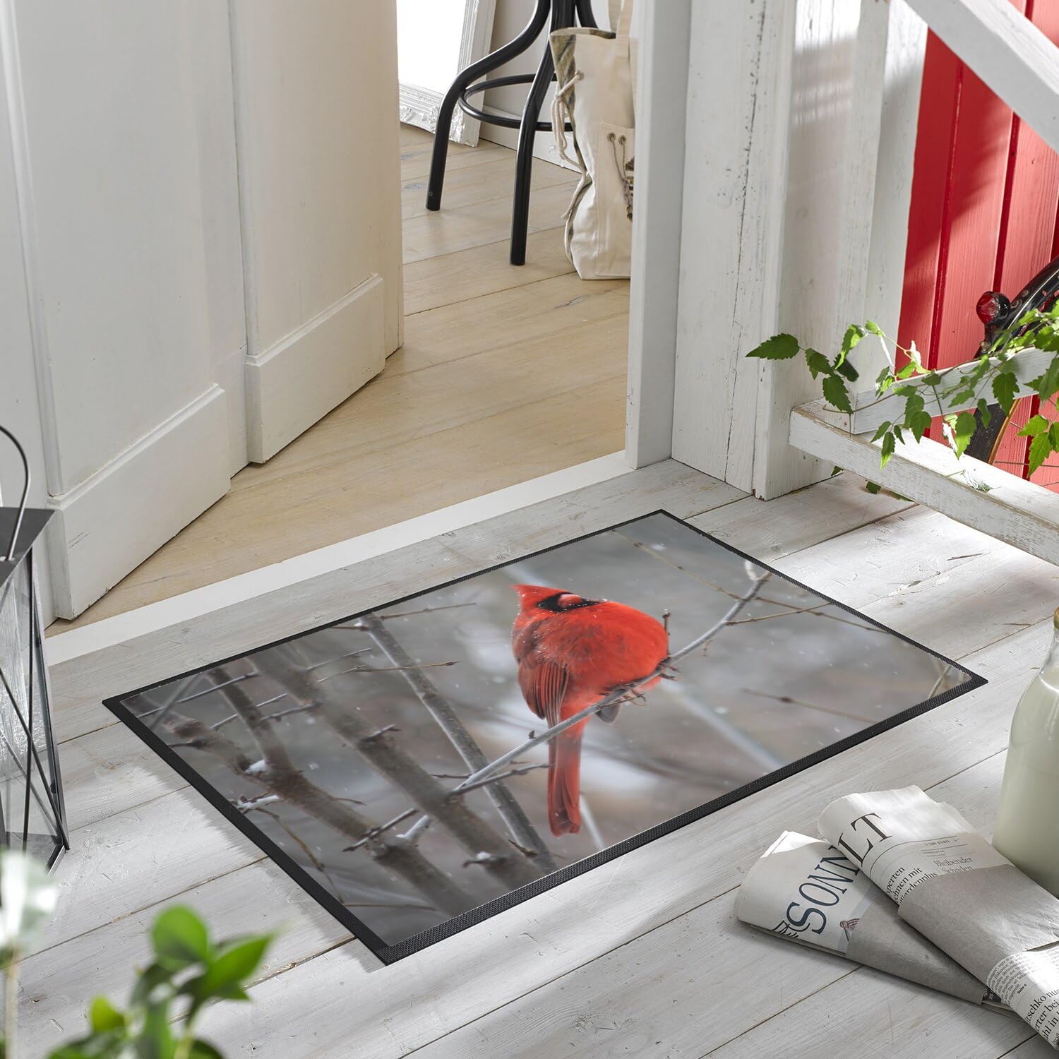 Fabulous Fußmatte Kardinal rot auf dem Zweig Vogel wild Schnee Winter – Maße: 75 x 50 cm