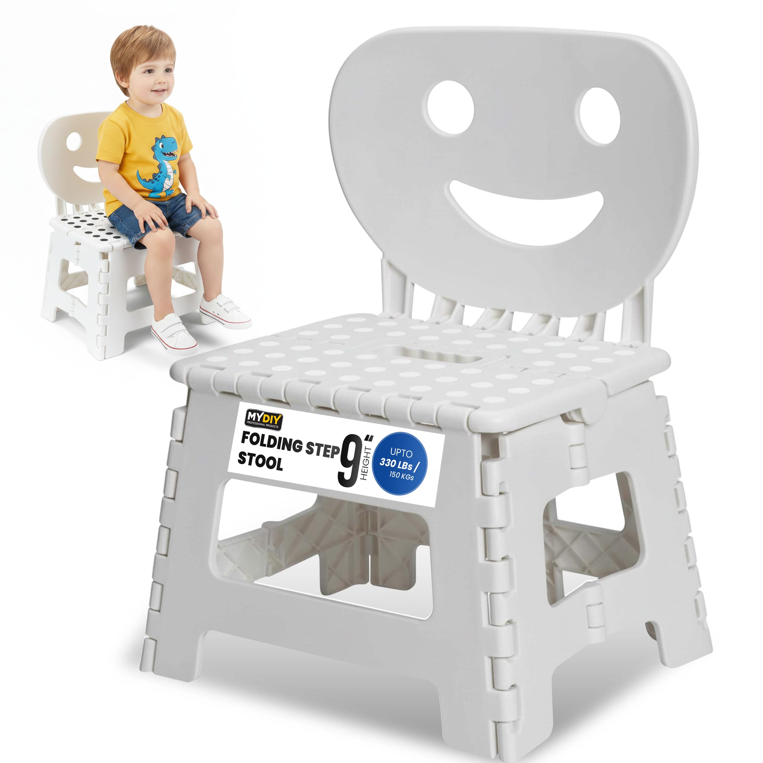 MY DIY Folding Step Stool – 2-in-1 Foldable Chair & Step Stool - Sturdy & Lightweight Step Stools Supporting up to 150kg - Easy Carry Handles, Flat Foldable Stools for Adults & Kids Use at Home/Office
