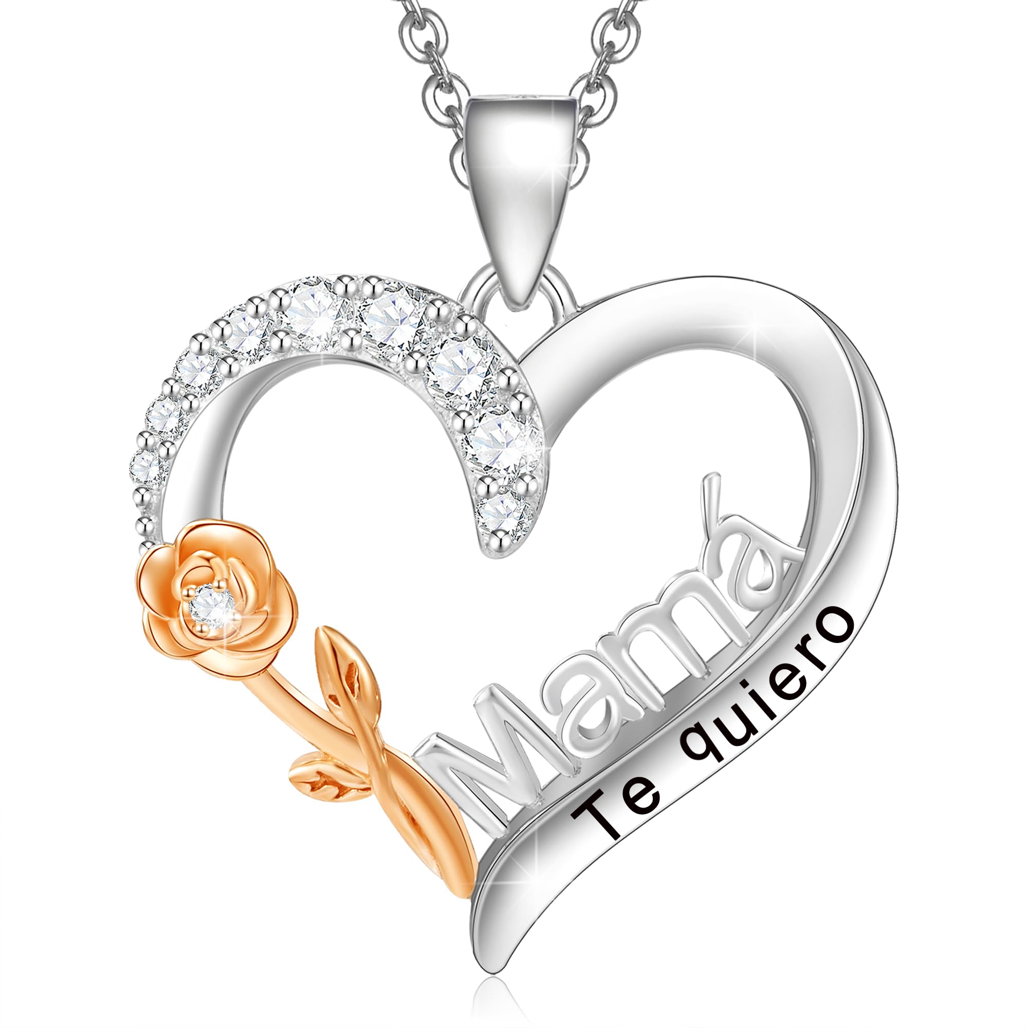 ENGRAWELRYCollar Mujer Grabado Plata de Ley 925 Colgante Corazón y Rosa con Cristal Joyería Regalo Original Madre Mamá Abuela Esposa Novia Hija