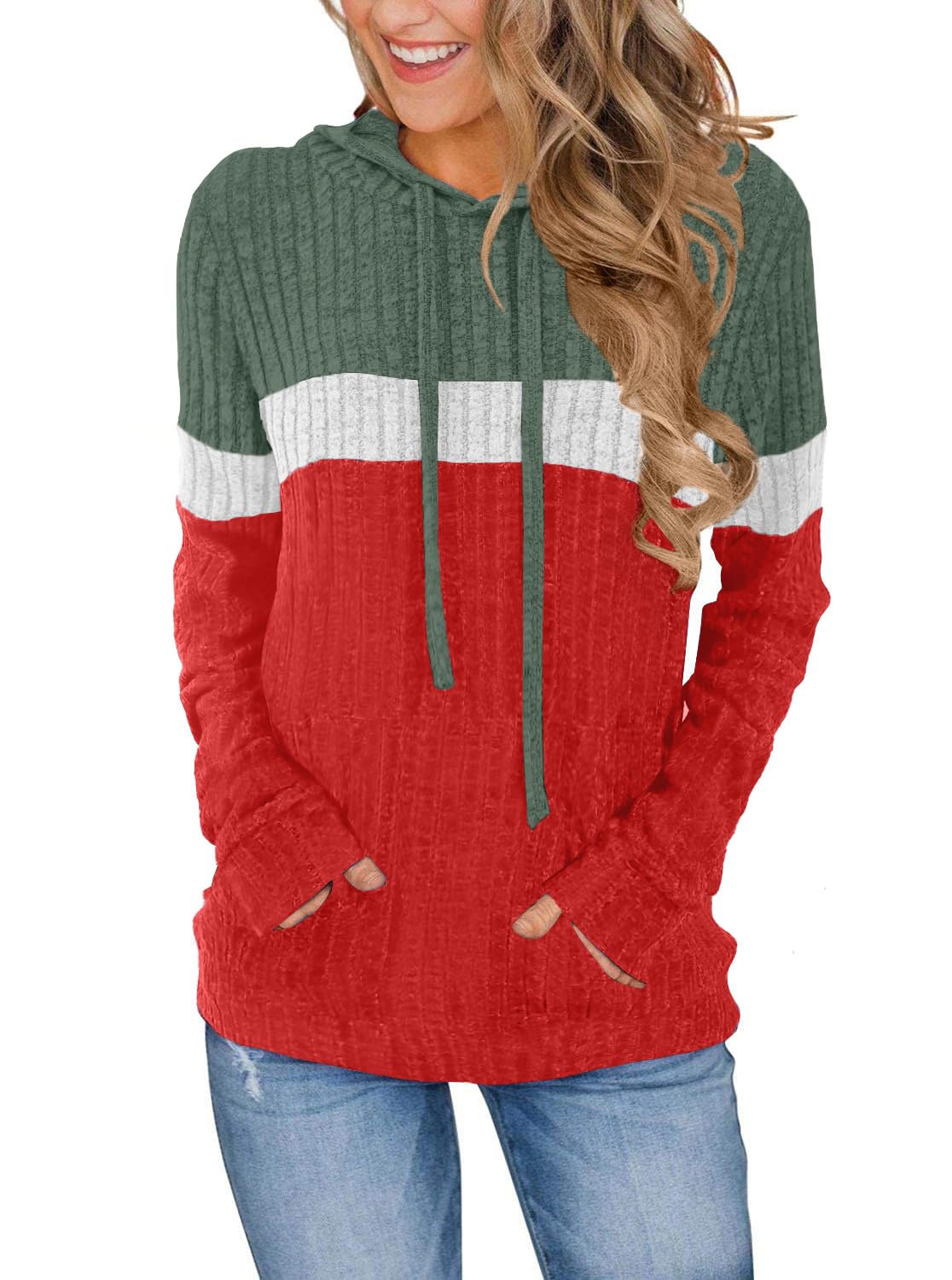 MixShe Women’s Color Block Knit Hoodie – Casual Long Sleeve Pullover Sweater Tops with Pocket