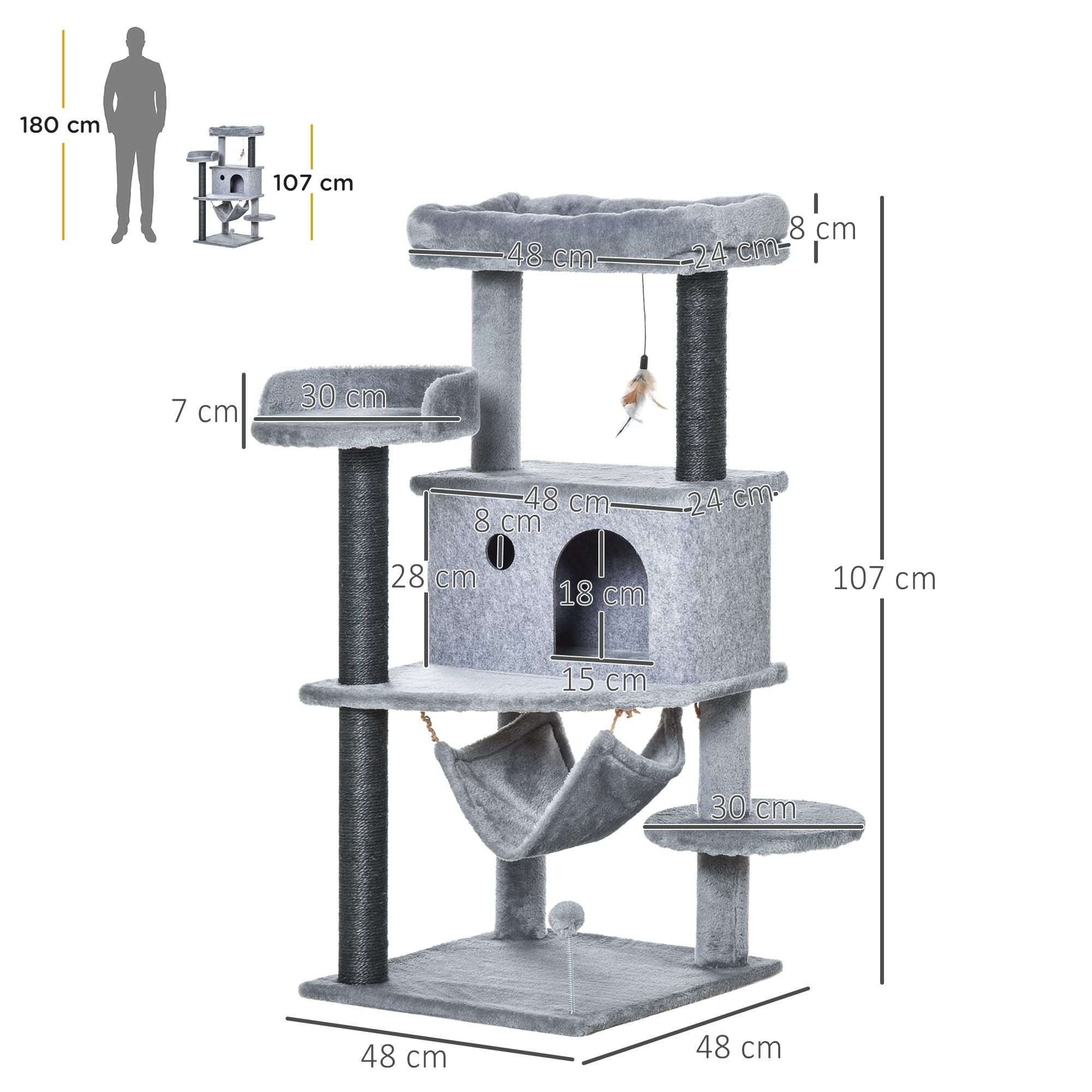 PawHut Árbol Rascador para Gatos 48x48x107 cm con Cueva de Fieltro Desmontable Hamaca Camas de Felpa Múltiples Plataformas Postes Rascadores de Sisal y Juguetes Gris | Cueva de Fieltro Desmontable, Camas de Felpa, Múltiples Plataformas, Postes de Sisal, J