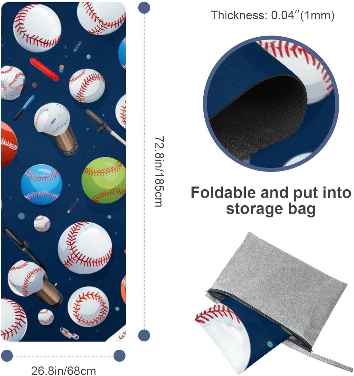 Yoga Towel, Baseball Pattern Non Slip Sweat Absorbent Hot Yoga Mat Towel for Hot Yoga, Pilates and Fitness - 72.8" x 26.8"