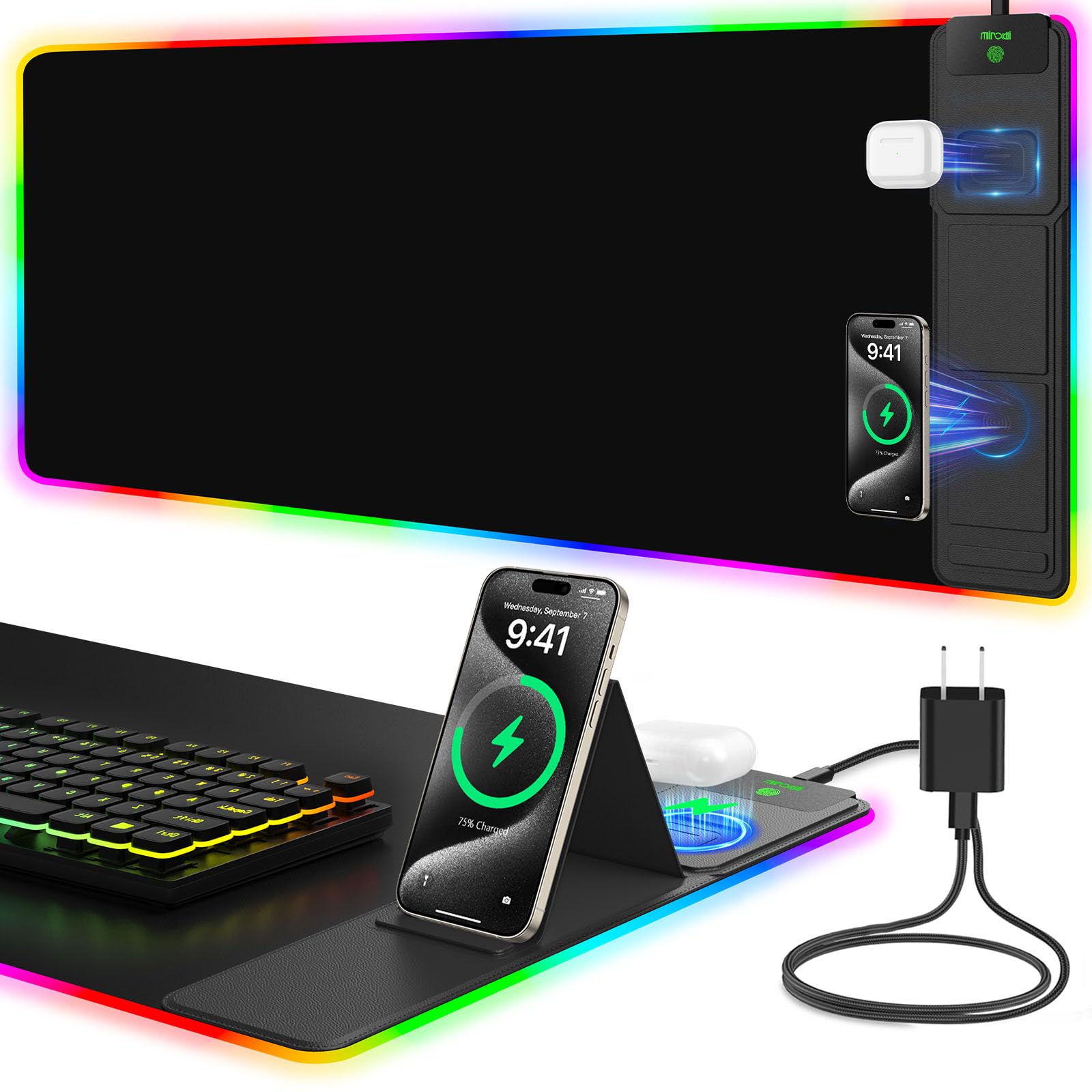 Alfombrilla de mouse con soporte plegable para teléfono y cargador inalámbrico, alfombrilla de mouse XXL RGB para juegos de 31.5 x 15.8 pulgadas, alfombrilla de escritorio grande para teclado