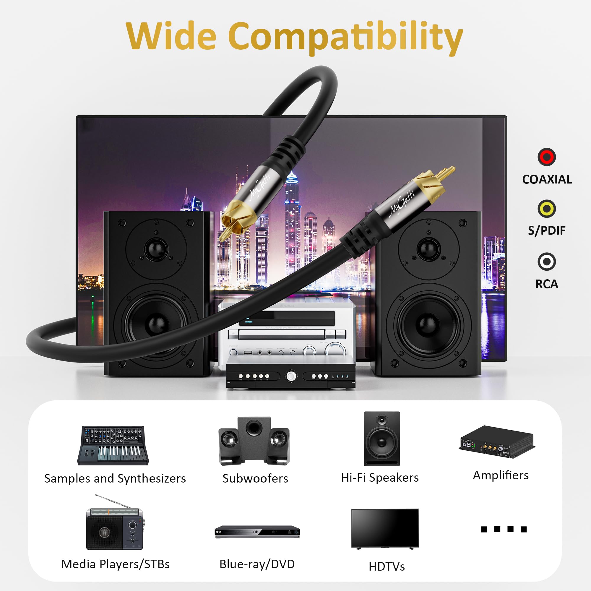 Cavo subwoofer 20 m,cavo RCA a RCA,doppia schermatura S/PDIF cavi Cinch coassiale digitale,per home theater,HDTV,subwoofer,sistema Hi-Fi,amplificatore,rame stagnato, +5 fascette