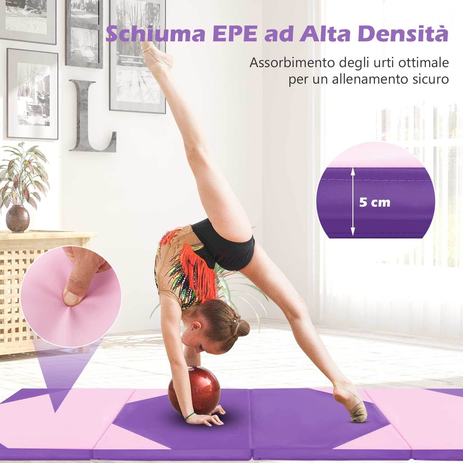 COSTWAY Tappetino Ginnastica Pieghevole 300 CM, Tappetino a 4 Pannelli in Similpelle con Gancio, Chiusure a Strappo e Maniglie per Ginnastica, Yoga e Allenamenti da Casa e Palestra