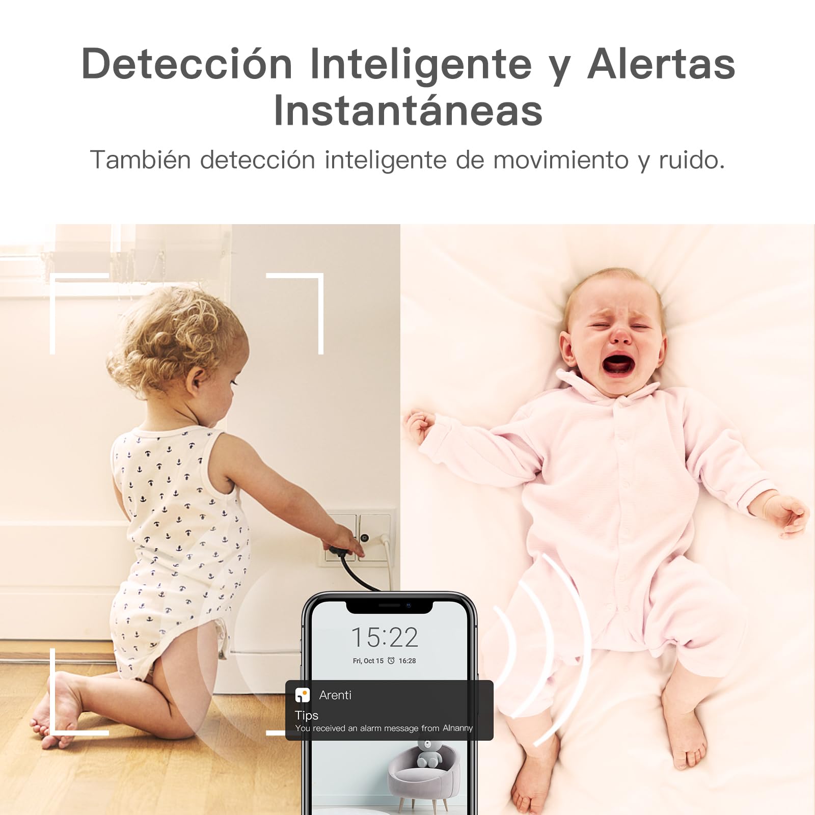 ARENTI 2,5K/4MP Camara Vigilancia Bebe con Control de 5'' Monitor, 355° PTZ Vigilabebes con Camara con Voz Bidireccional, Detección de Movimiento y Sonido, Visión Nocturna, Sensor Temperatura con App