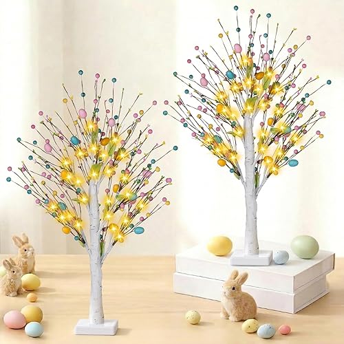Easter Decorations 2 Pcs 25inch Lighted Easter Tree with Timer&Battery