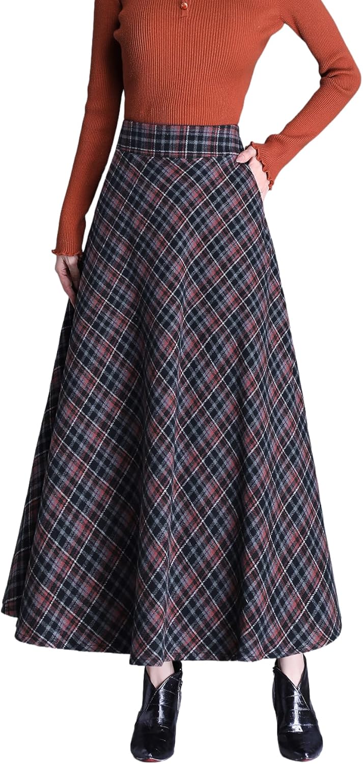 Women's Winter Wool Long Skirt High Waist Elastic Elegant Plaid A-Lin Maxi Skirts