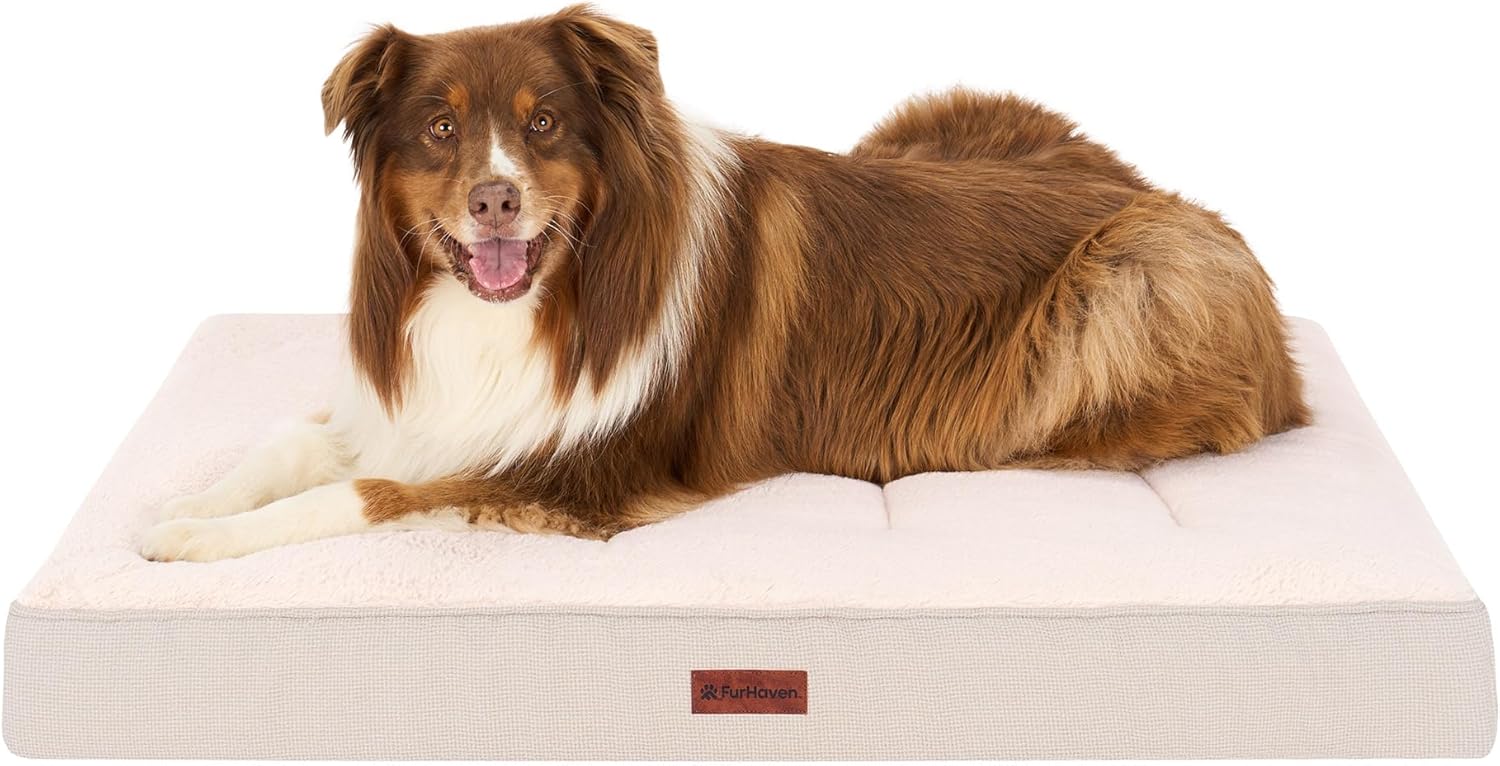 FurHaven Plush & Decorator Check Tuft-Top Solid Core Classic Cushion Pet Bed, Wheat, Jumbo
