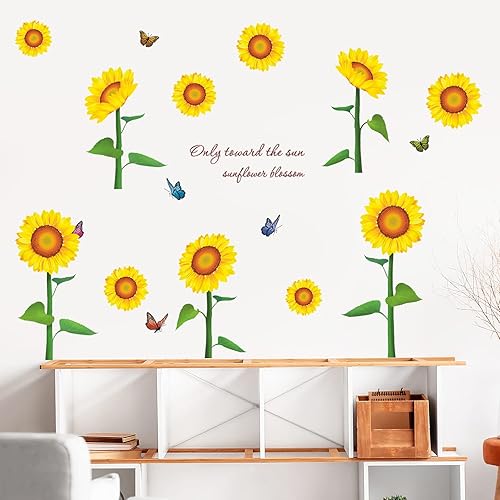 Miniatura 5 de Adhesivo de pared de girasol, diseño de flores y mariposas, calcomanías de pared para dormitorio, vinilo extraíble, decoración artística de vinilo