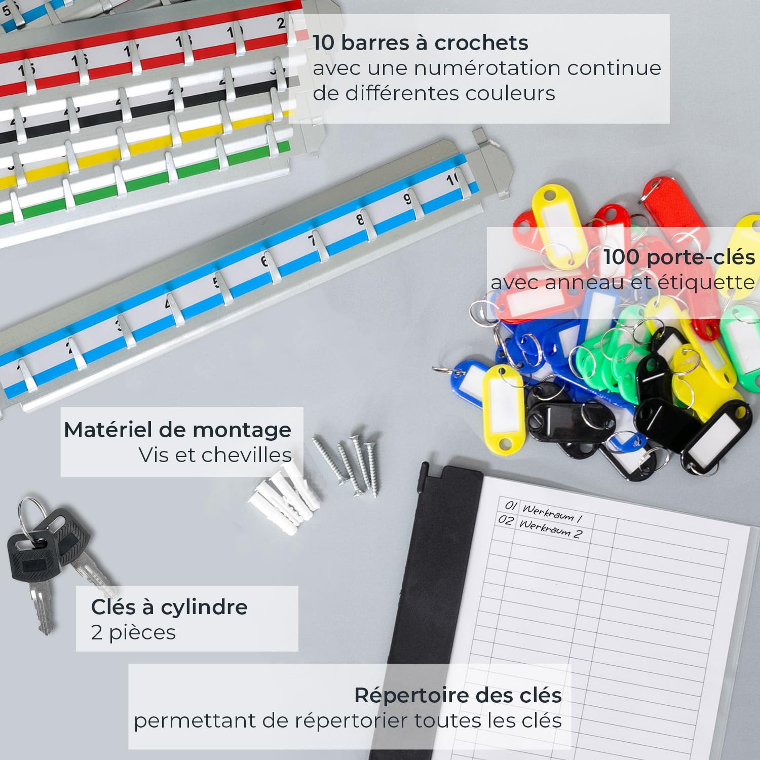 HMF Armoire à clés Grande capacité en Acier, Boite a Clef Murale verrouillable pour Bureau, Administration ou Parc Automobile | 100 Crochets à clés | 55 x 38 x 8 cm | Noir