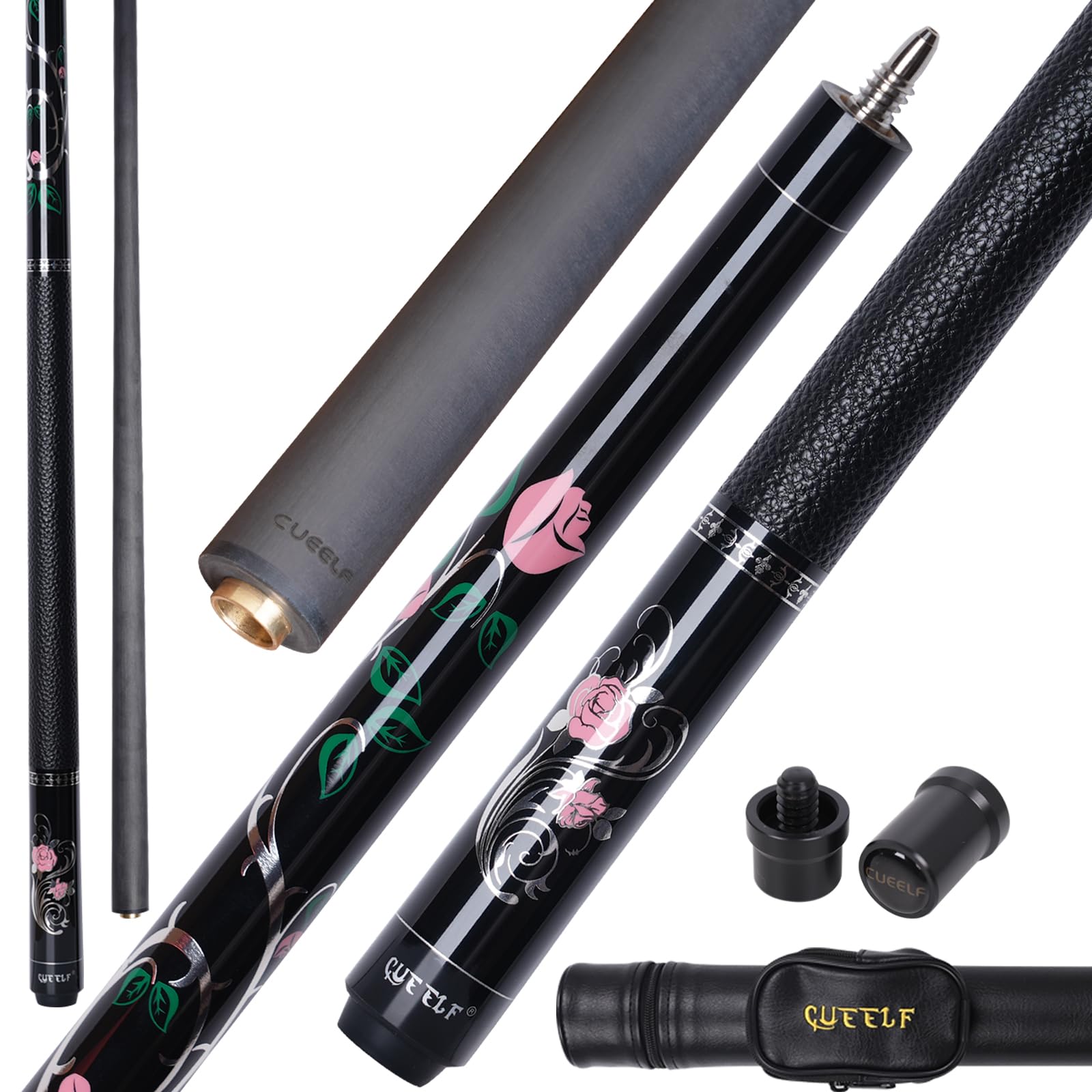 CUEELF Carbon Fiber Pool Cue Stick Leather Grip Pool Stick 58inches Carbon Shaft Technology Pink Pool Cue for Women (PK-Pink Rose, 20 oz)