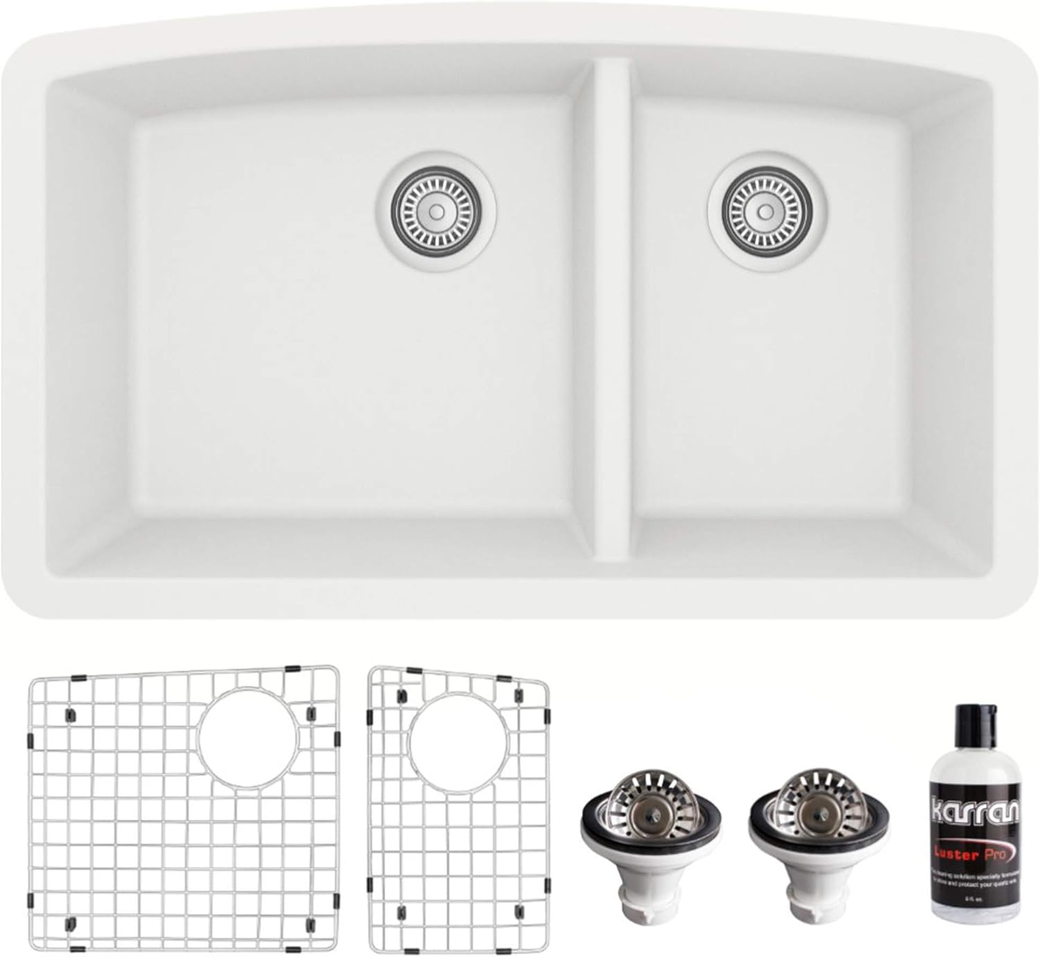 Karran QU-711 Undermount Quartz Composite 32 in. 60/40 Double Bowl Kitchen Sink Kit in White
