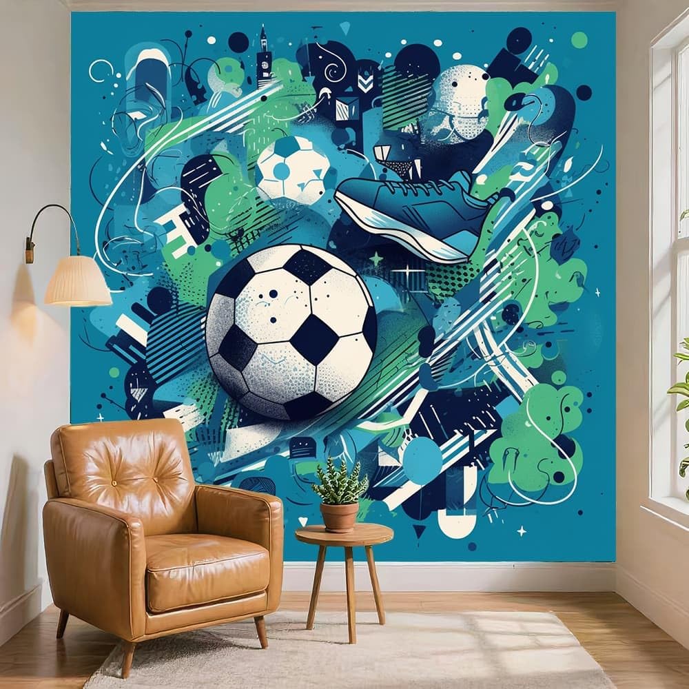 Moda sportowa, motyw piłki nożnej, tapeta na fizelinie, panorama, plakat ścienny, 350 x 256 cm, niebieska, fototapeta, pyłoszczelna i łatwa w pielęgnacji, do salonu, pokoju dziecięcego, sypialni