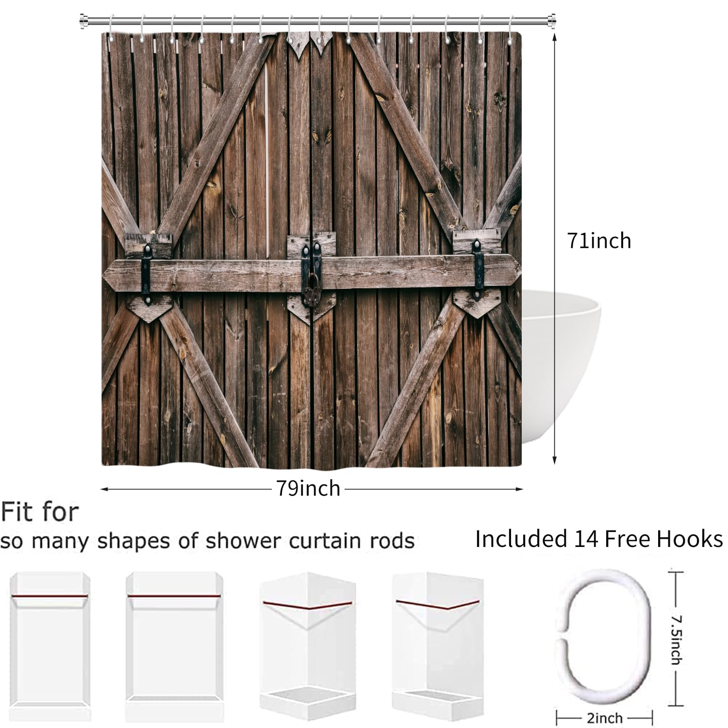 Duschvorhang Vintage Holztür Design – Wasserdicht, Polyester, 200x180 Cm, Mit 12 Haken, Landhausstil