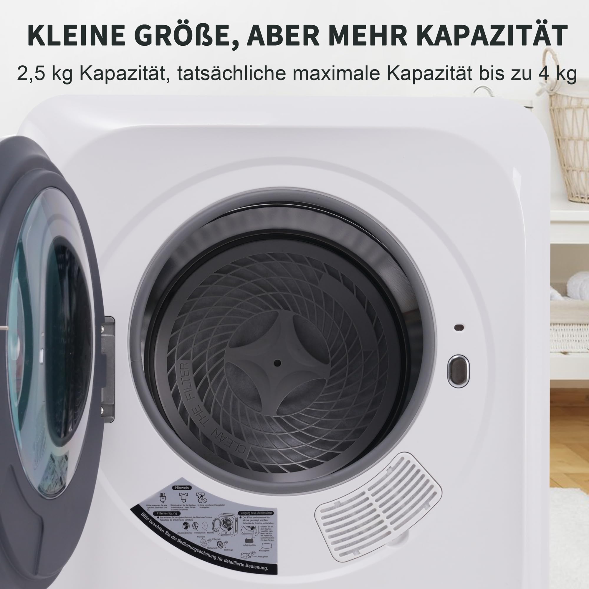 DRIXNO Ablufttrockner Trockner Mini Wäschetrockner Dryer Machine, 850w/2,5kg/Weiß/48x40x58cm, Überhitzungsschutz, wandmontierbar [Energieklasse C]