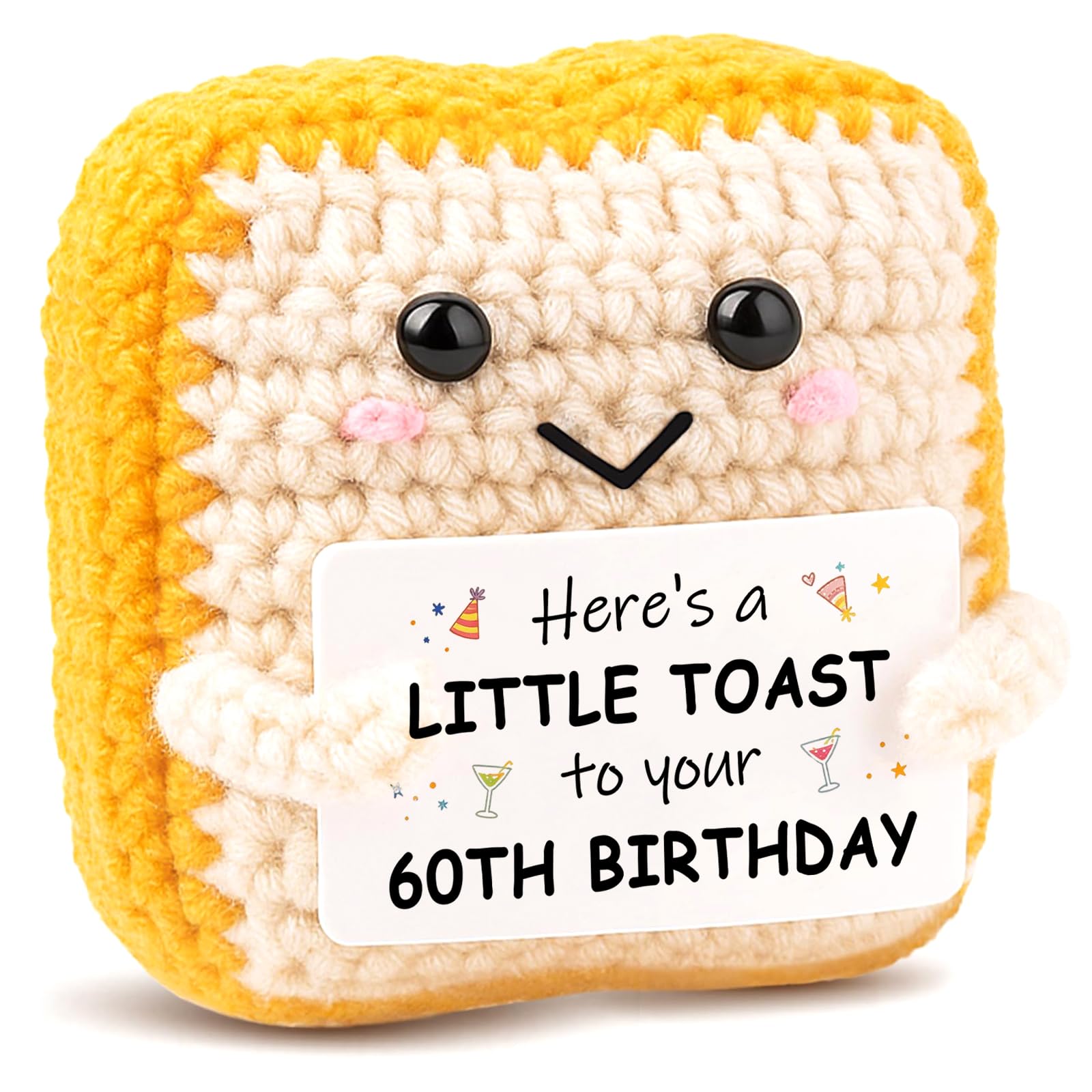 Nymora 60th Birthday Gifts for Women Men, Handmade Crocheted 60th Milestone Toast Ornament, Cute Anthropomorphic Themed Home & Party Decor Keepsake with Matching 60th Birthday Message Card