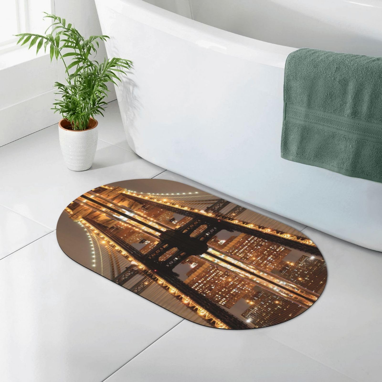 TOMPPY Tapis de bain imprimé New York Manhattan Bridge Night - Séchage rapide - Absorbant - Terre de diatomée - En caoutchouc antidérapant - Pour cuisine, salle de bain - 50 x 80 cm