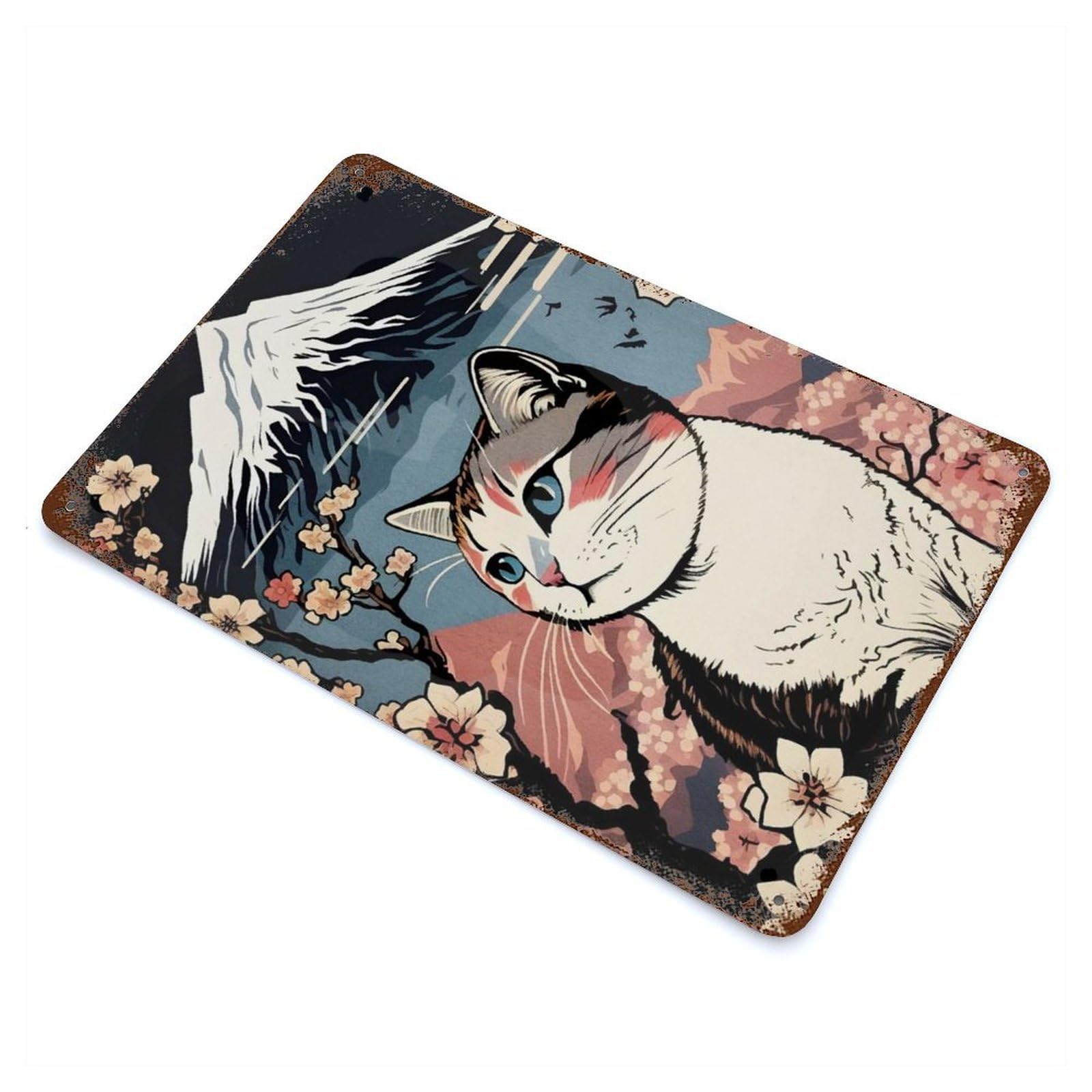 Cat Mount Fuji Cherry Blossoms Decorative Tin Sign 11.8"x7.9", for Cafe, Home Bar And Lounge Decor, Decorative Metal Wall Art