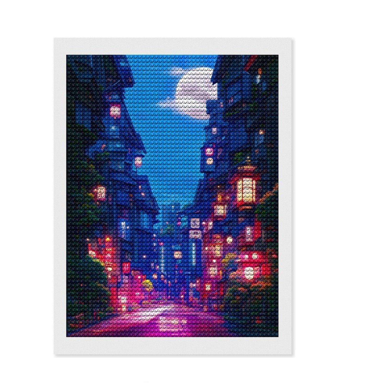Junmoney Streets of Neon Diamond Painting Canvas Set 12"x16", for Adults, Sparkling Round Gems, Thoughtful Handmade Gift, Modern Decor
