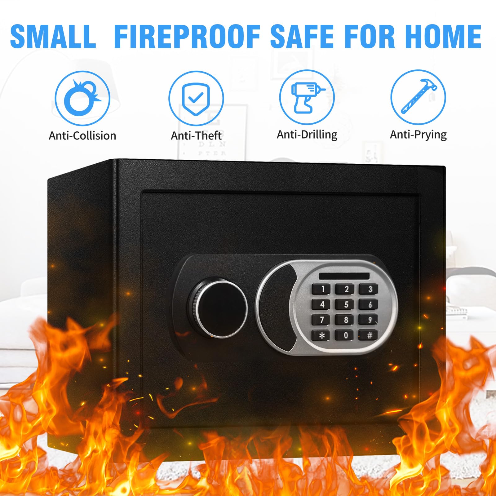 Caja de seguridad pequeña de 1.8 pies cúbicos con bolsa impermeable ignífuga, cajas fuertes para documentos del hogar, caja de seguridad antirrobo con teclado digital, sistema de alerta 2