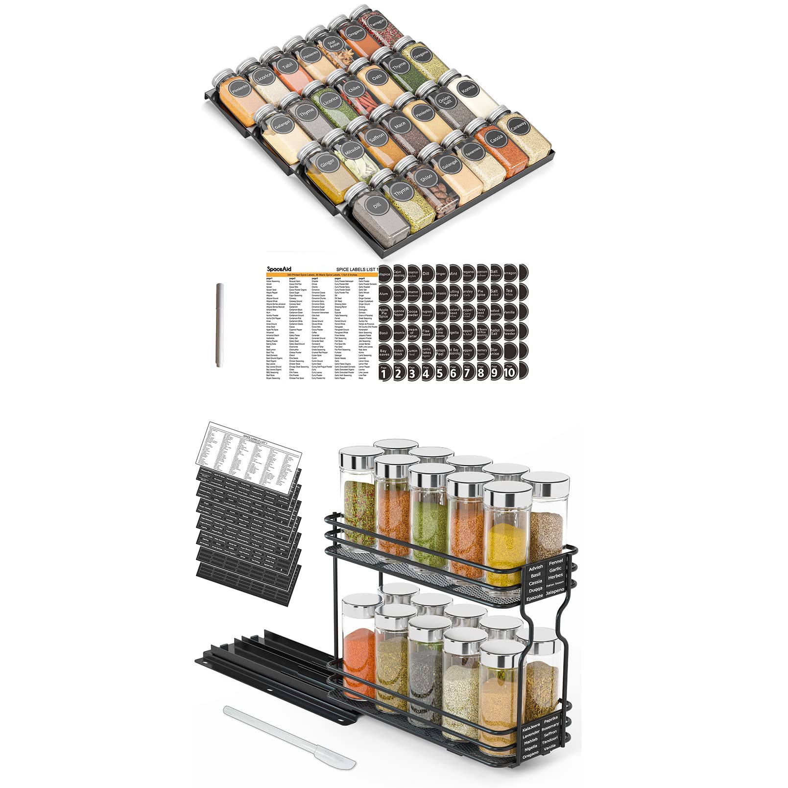 SpaceAid Spice Drawer Organizer with 28 Glass Jars, 4-Tier Tray, and Chalk Marker