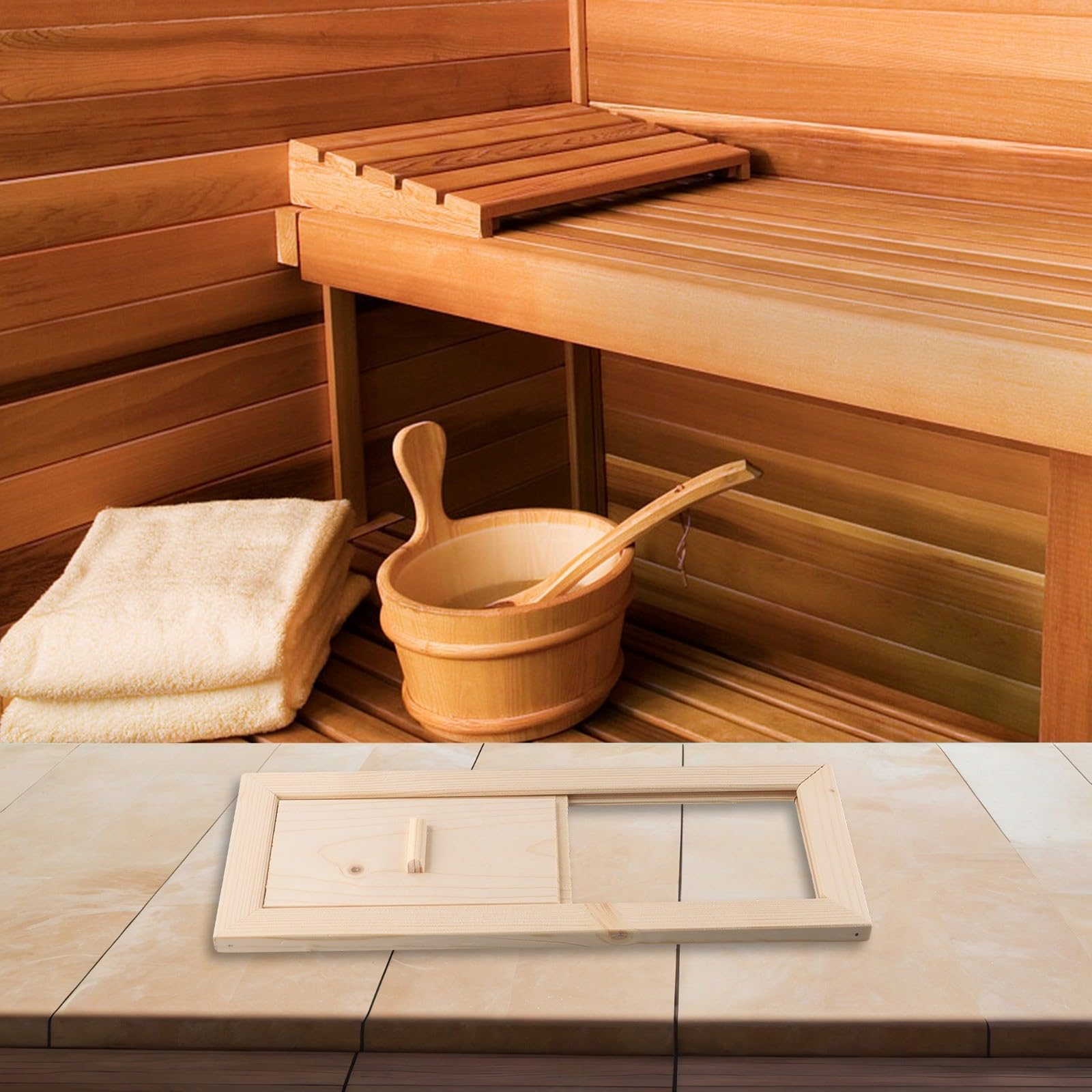 Trappe d'aération en bois pour sauna avec commande coulissante pour bain à vapeur et salle de sauna, ventilation d'évacuation réglable pour une circulation optimale de l'air, construction robuste pour