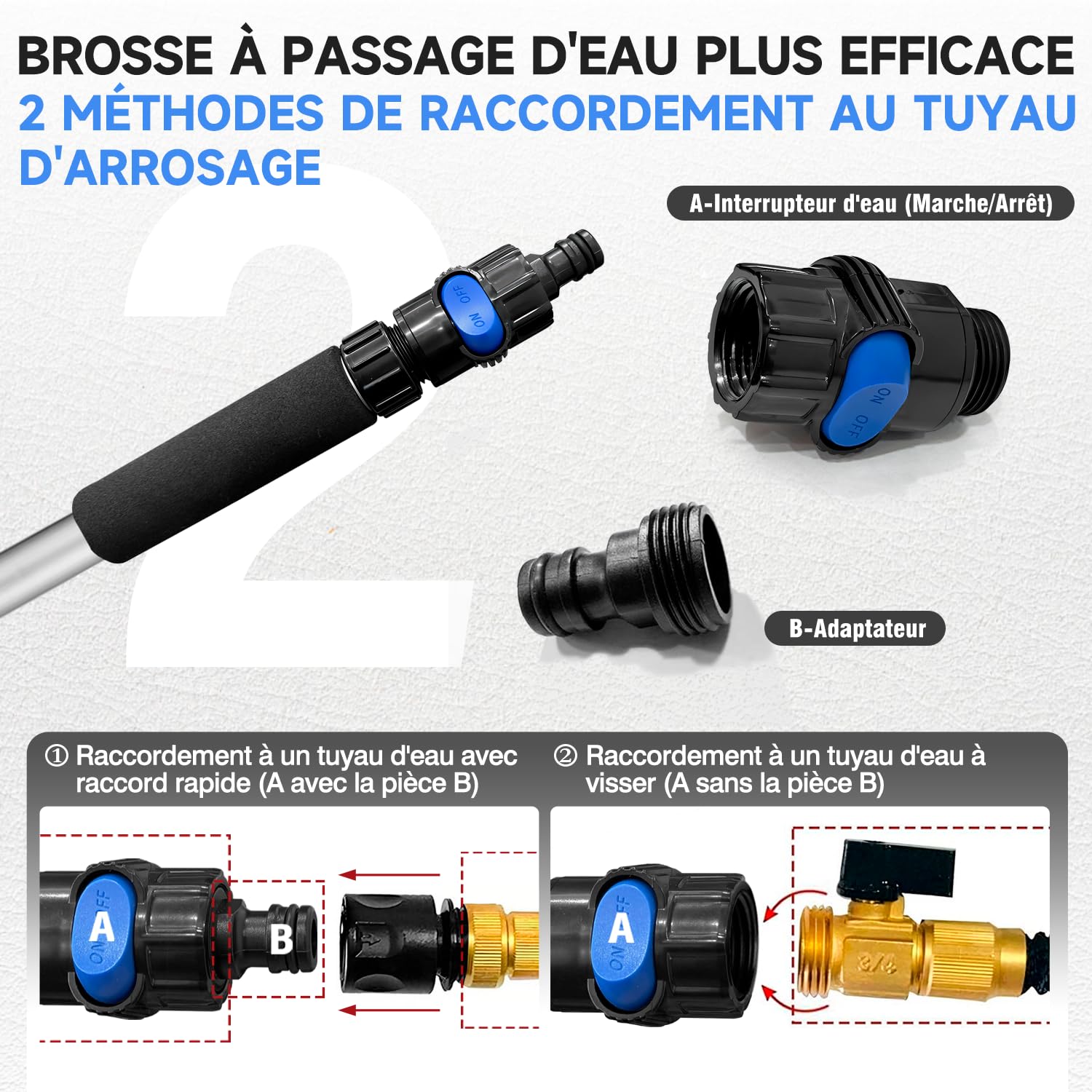 160cm Brosse de lavage auto long manche, raccord de tuyau interrupteur | 30cm poils souples, extensible manche, pour voiture, car, SUV, camion, bateau, façade maison, Bleu