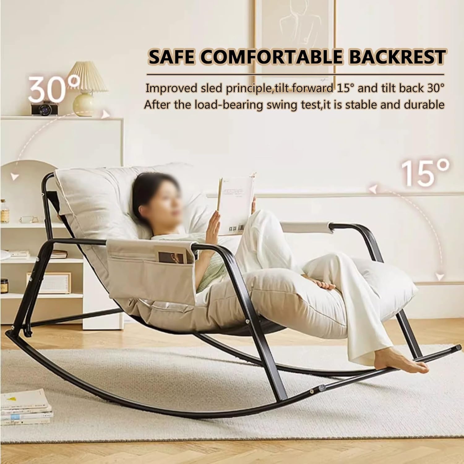 Modern Bedroom Rocking Chair with Soft cushion, Living Room Double rocking Chair with Armrests, Breathable Garden Lounger With Side Pockets, Comfortable zero gravity chairs, Ergonomic chairs