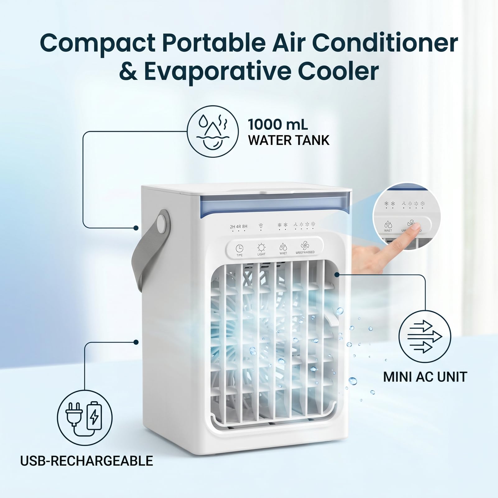 Generic Raffrescatore Evaporativo Portatile, Ricaricabile Tramite USB | Serbatoio dell'acqua da 1000 ml, 4 velocità del , timer 1-4 ore, luce ambientale RGB, ventola di raffreddamento ad aria