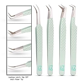 M LASH Tweezers for Eyelash Extensions (Set of 4) - Professional Lash Extension Tweezers - Fiber Tip, Japanese Steel, Diamond Grip Eyelash Extension Tweezer set (ET-GRN)