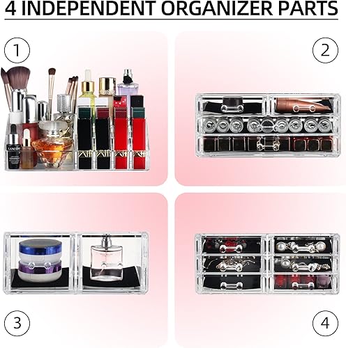 Miniatura 4 de display4top Organizadores de maquillaje acrílico, 4 vitrinas de cosméticos con 12 cajones para lápiz labial y joyas, gran tocador, tocador,