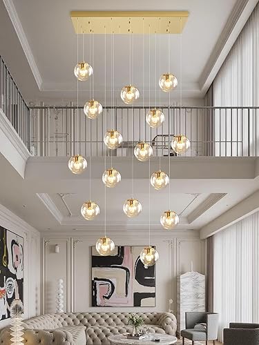 Miniatura 111 de Escalera LED de 10 luces LED moderna con globo de cristal, lámpara colgante grande para techos altos, accesorios de iluminación de entrada, villas y