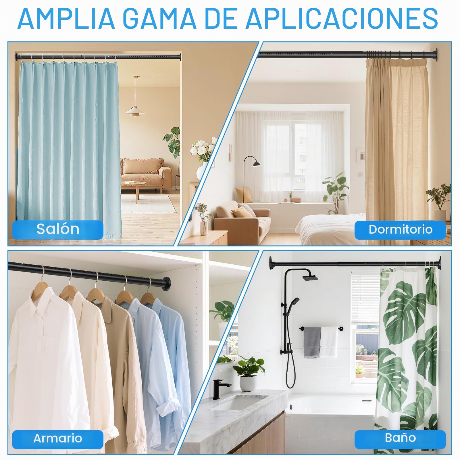 WELDUN Barras de cortina extensibles de 98 a 290 cm, sin taladrar Φ32 mm, incluye 2 bases de pared, barra telescópica de metal para baño y ventana, color negro