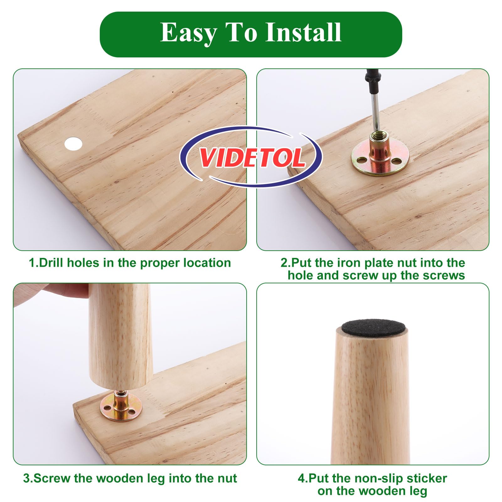 VIDETOL 15cm Wooden Furniture Legs Set of 8, Nature Solid Wooden Sofa Legs - Image 4