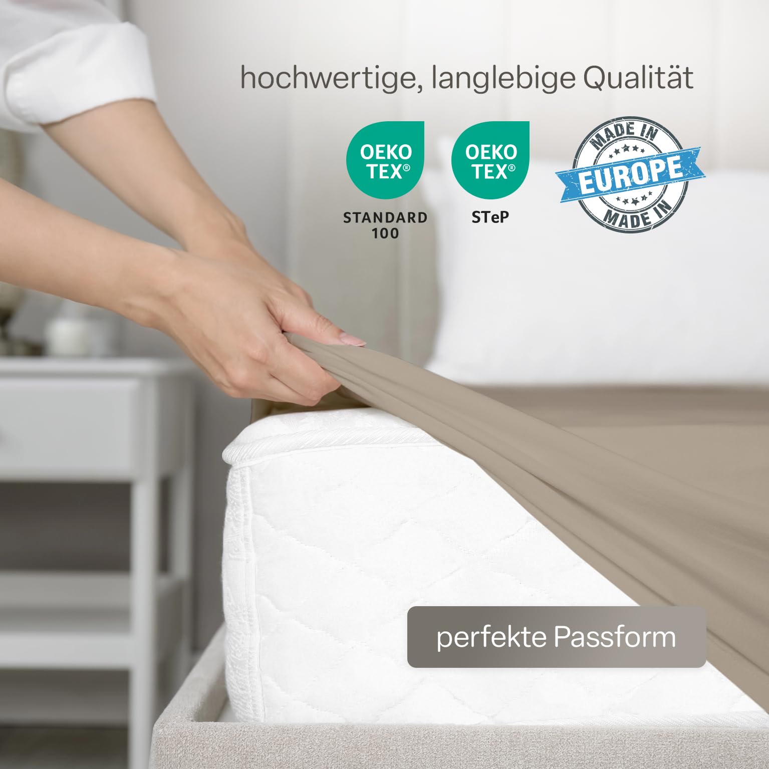 BLUE MOON Luxus Spannbettlaken - Spannbetttuch 180-200x200cm - Jersey - 96% Baumwolle/4% Elasthan - 190 g/m² - 30 cm Steghöhe - rundumgummiert - boxspring-geeignet - Öko-Tex - Made in Europe (Taupe)