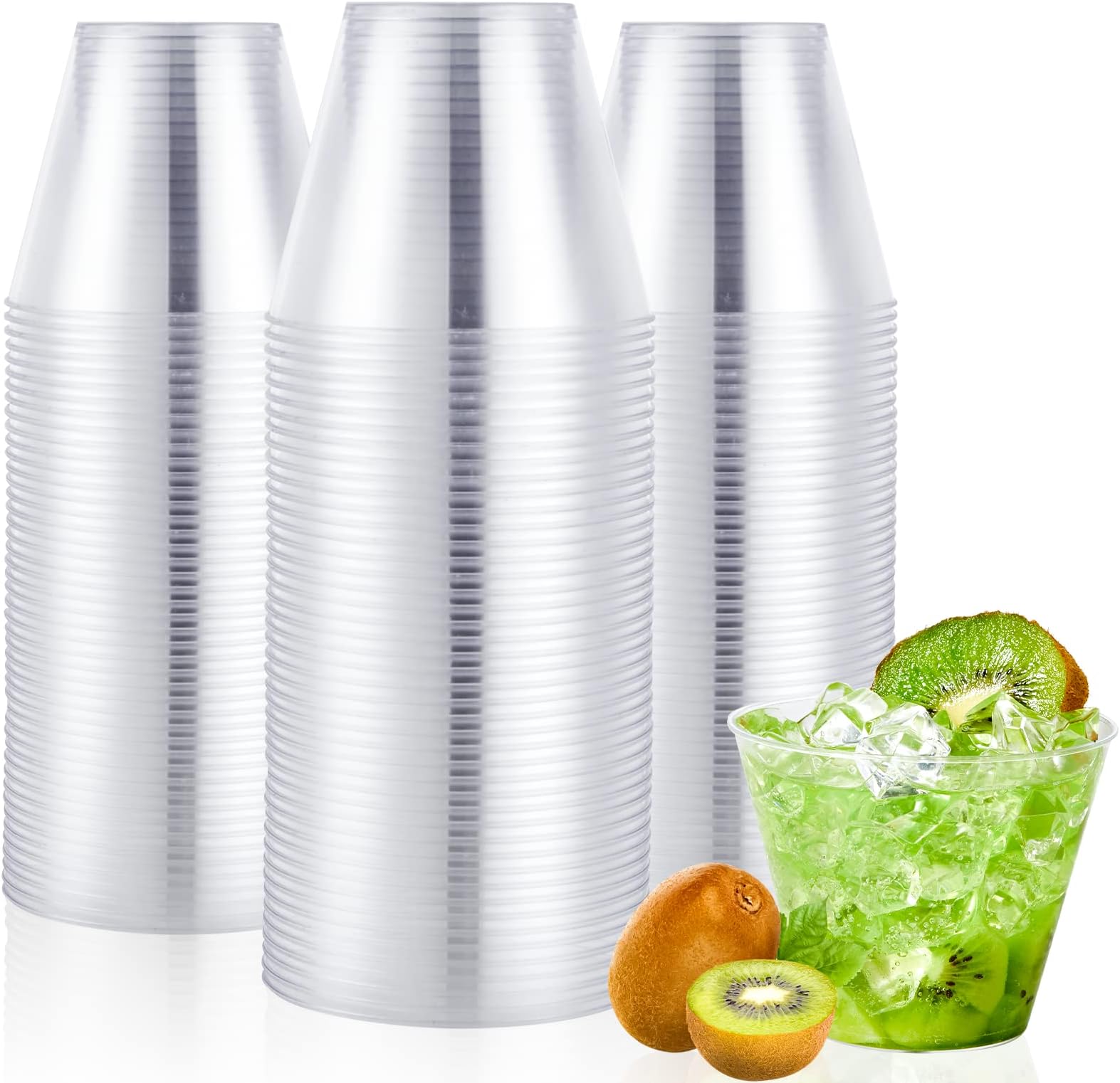 Vplus 100 Pack 9 OZ Clear Plastic Cups, Hard Disposable Cups, Plastic Drinking Cups, Plastic Wine Glasses for Party, Wedding, Thanksgiving, Birthday, Halloween, Christmas