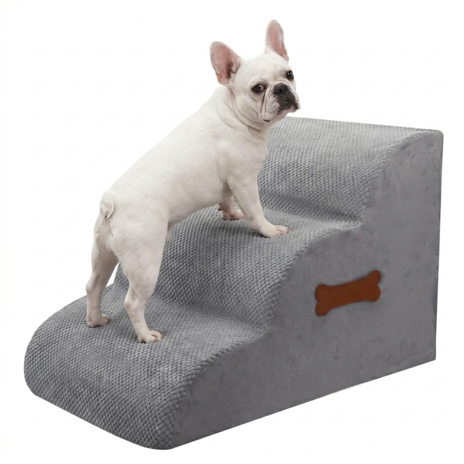 Scaletta per cani di piccola taglia, 3 gradini, per letto e divano, altezza 40 cm, per cuccioli, gatti e anziani, antiscivolo, con manico in osso, grigio