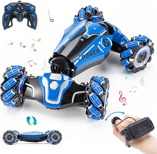 Auto de acrobacias a control remoto, 2.4 GHz, 4WD, sensor de gestos, auto de juguete con control remoto de mano con luz giratoria de 360 y música,